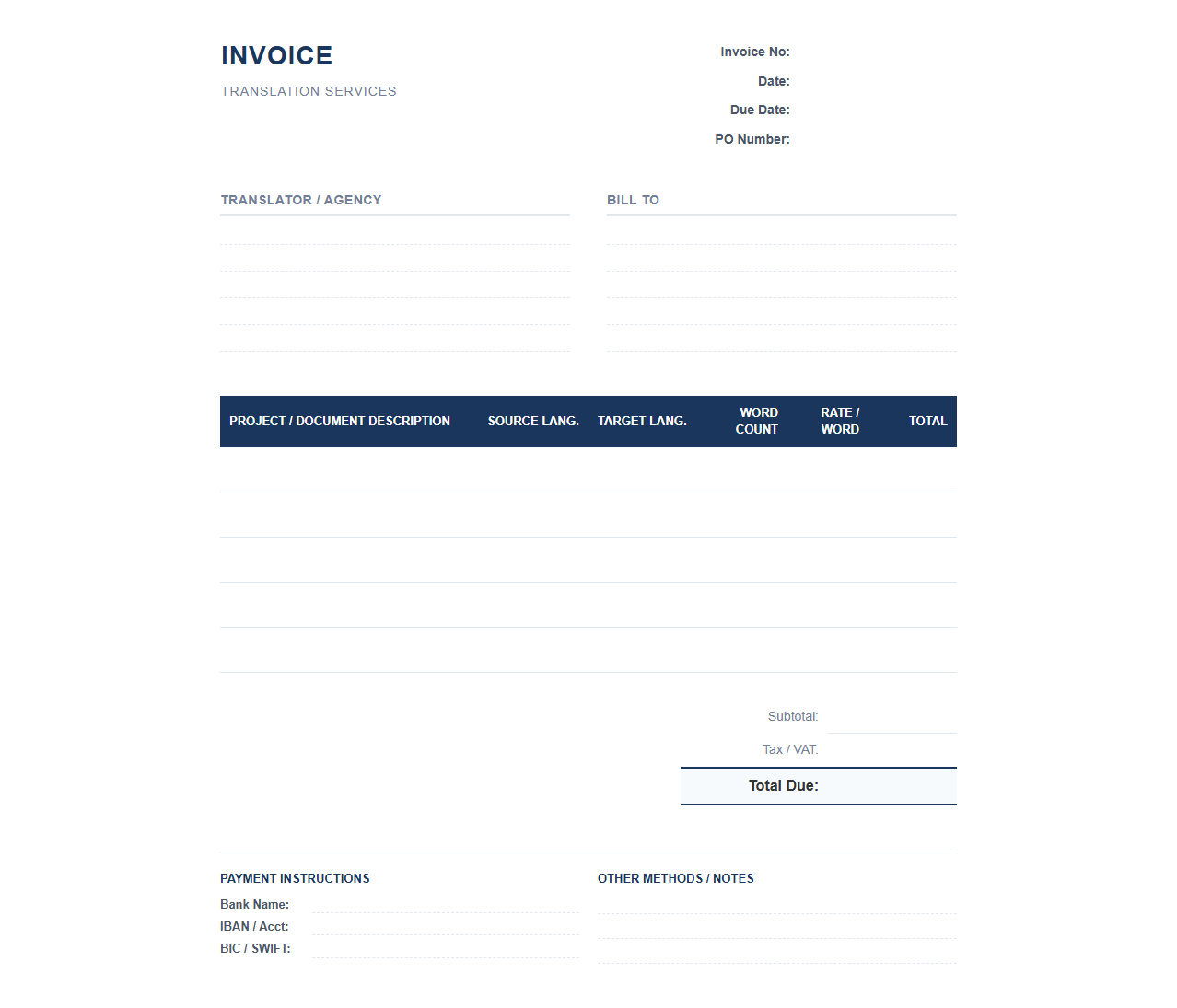 Per-Word Translation Rate Invoice Template