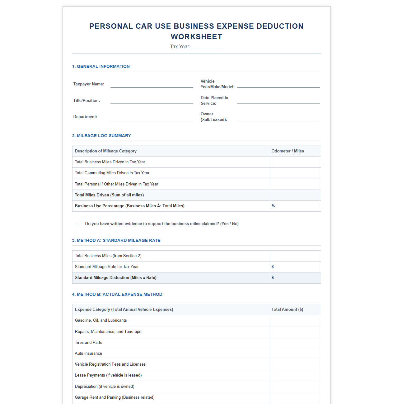Personal Car Use Business Expense Deduction Worksheet