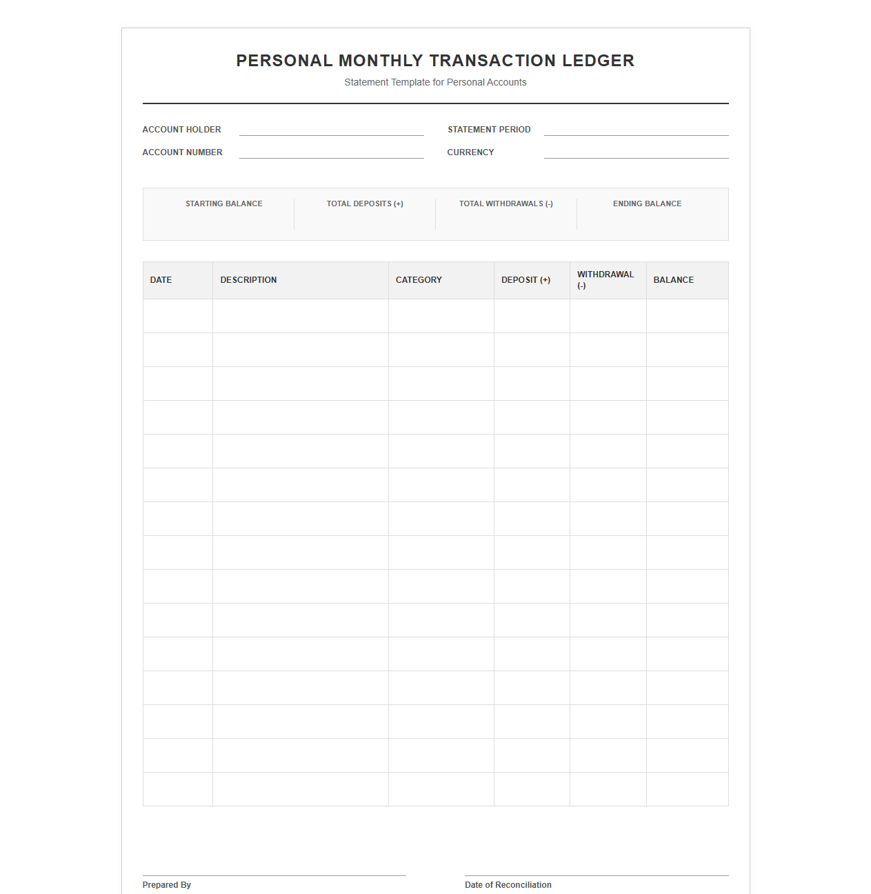 Personal Monthly Transaction Ledger