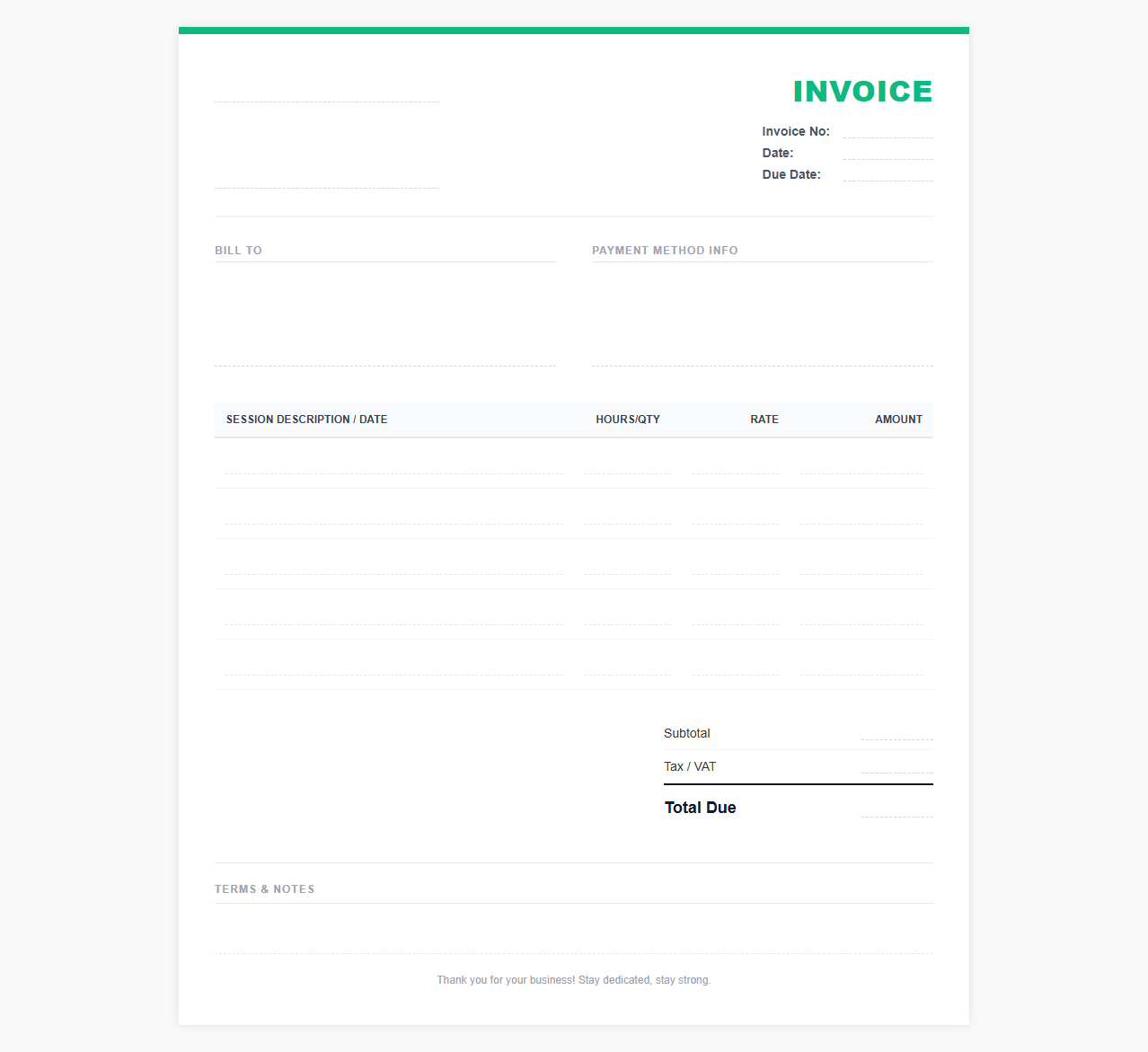 Personal Training Session Invoice Template