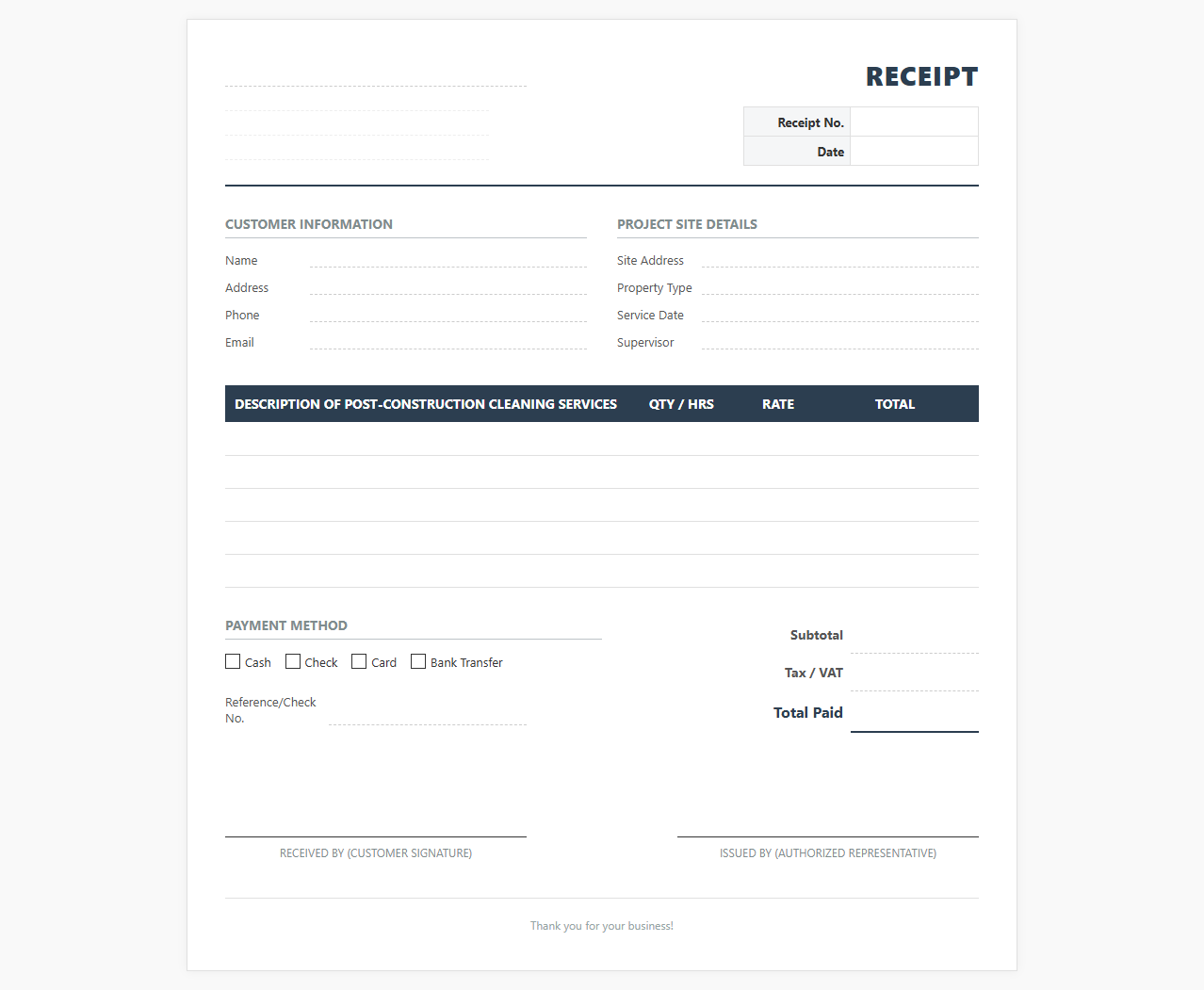 Post Construction Cleaning Service Receipt