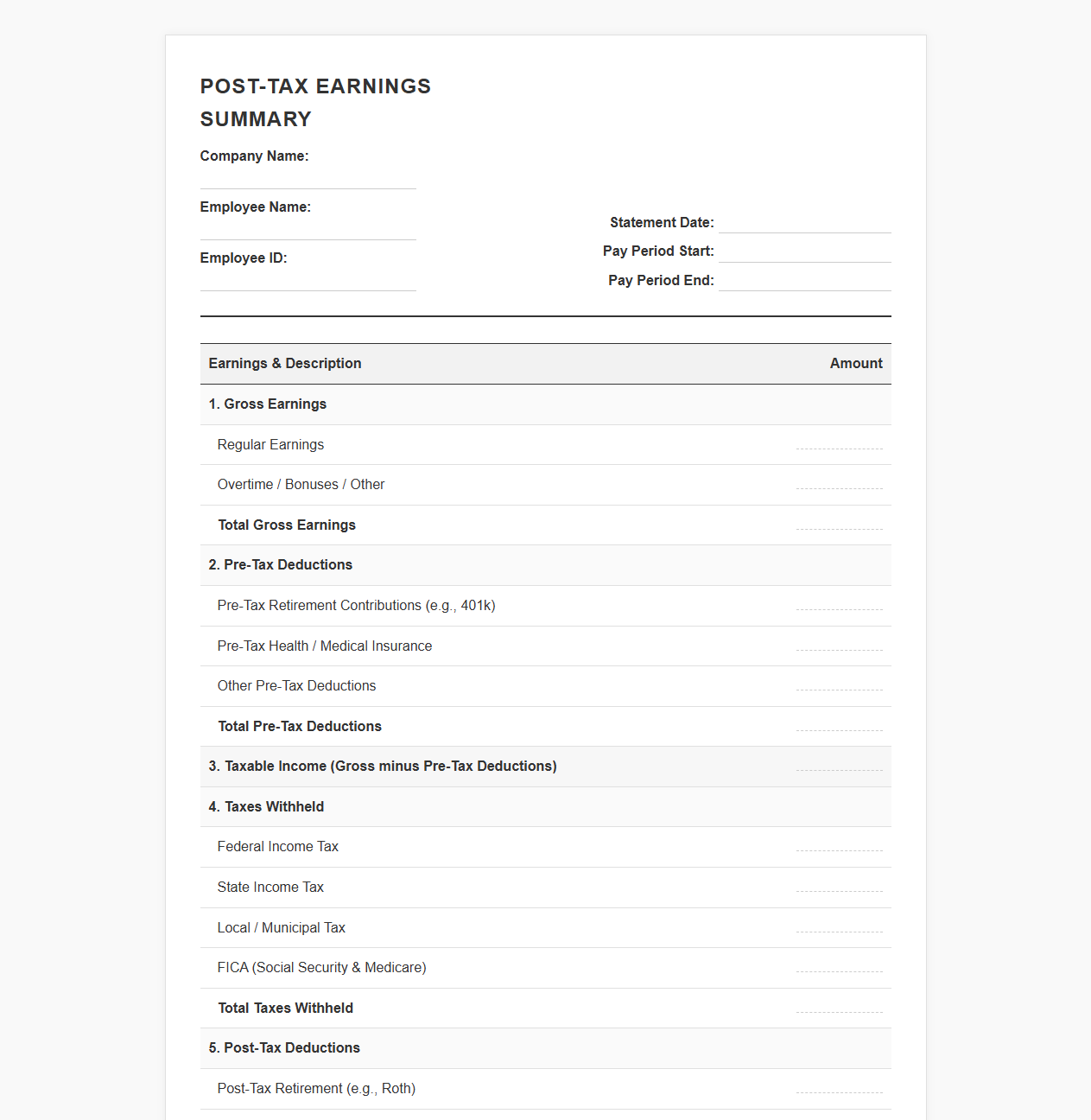 Post-Tax Earnings Summary Template