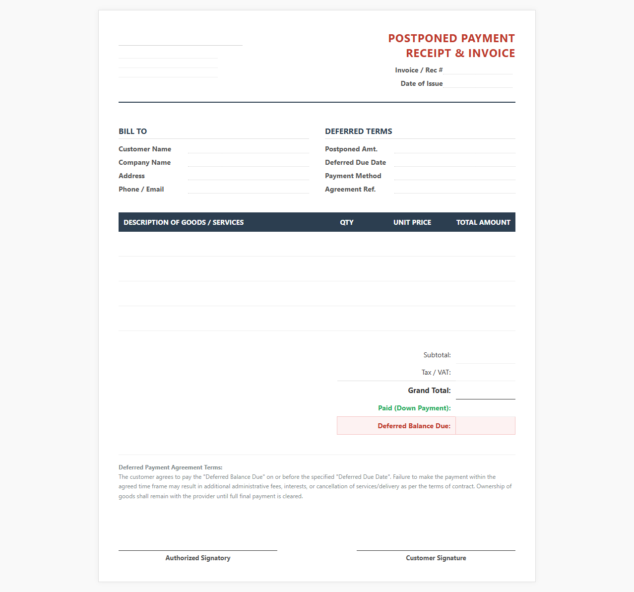 Postponed Payment Receipt and Invoice Template