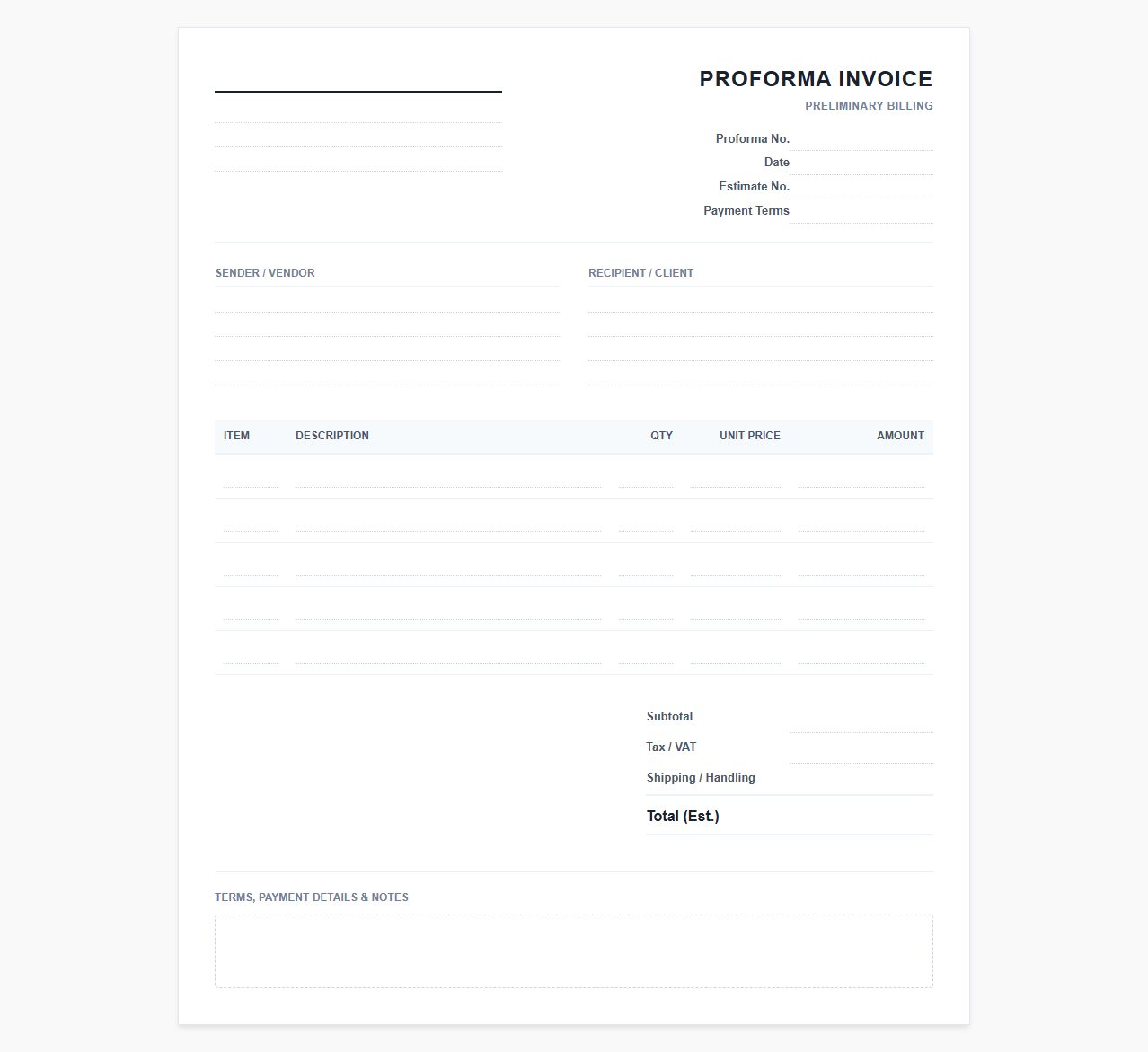 Pre-Billing Proforma Invoice Document