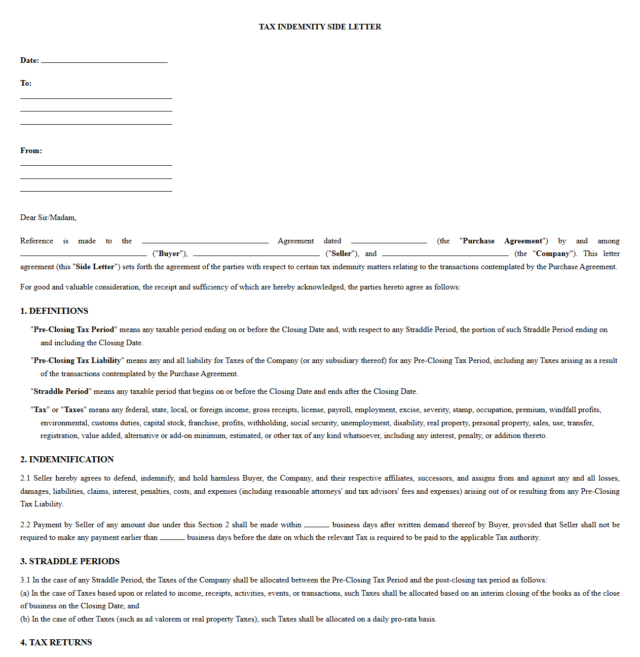 Pre-Closing Tax Liability Indemnity Side Letter