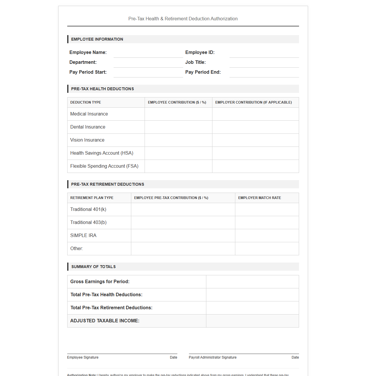 Pre-Tax Health and Retirement Deduction Template