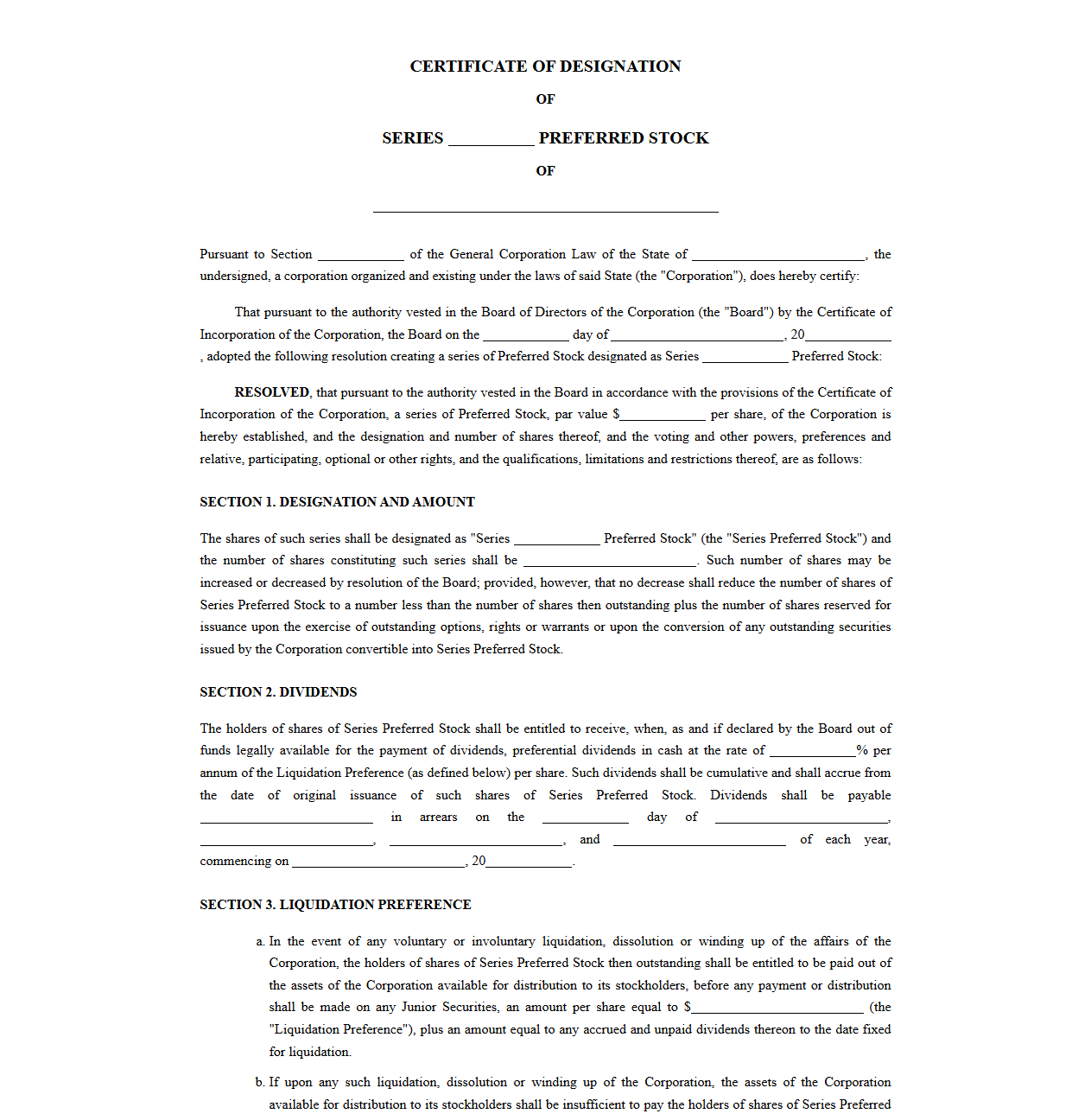 Preferred Stock Certificate of Designation Statement Template