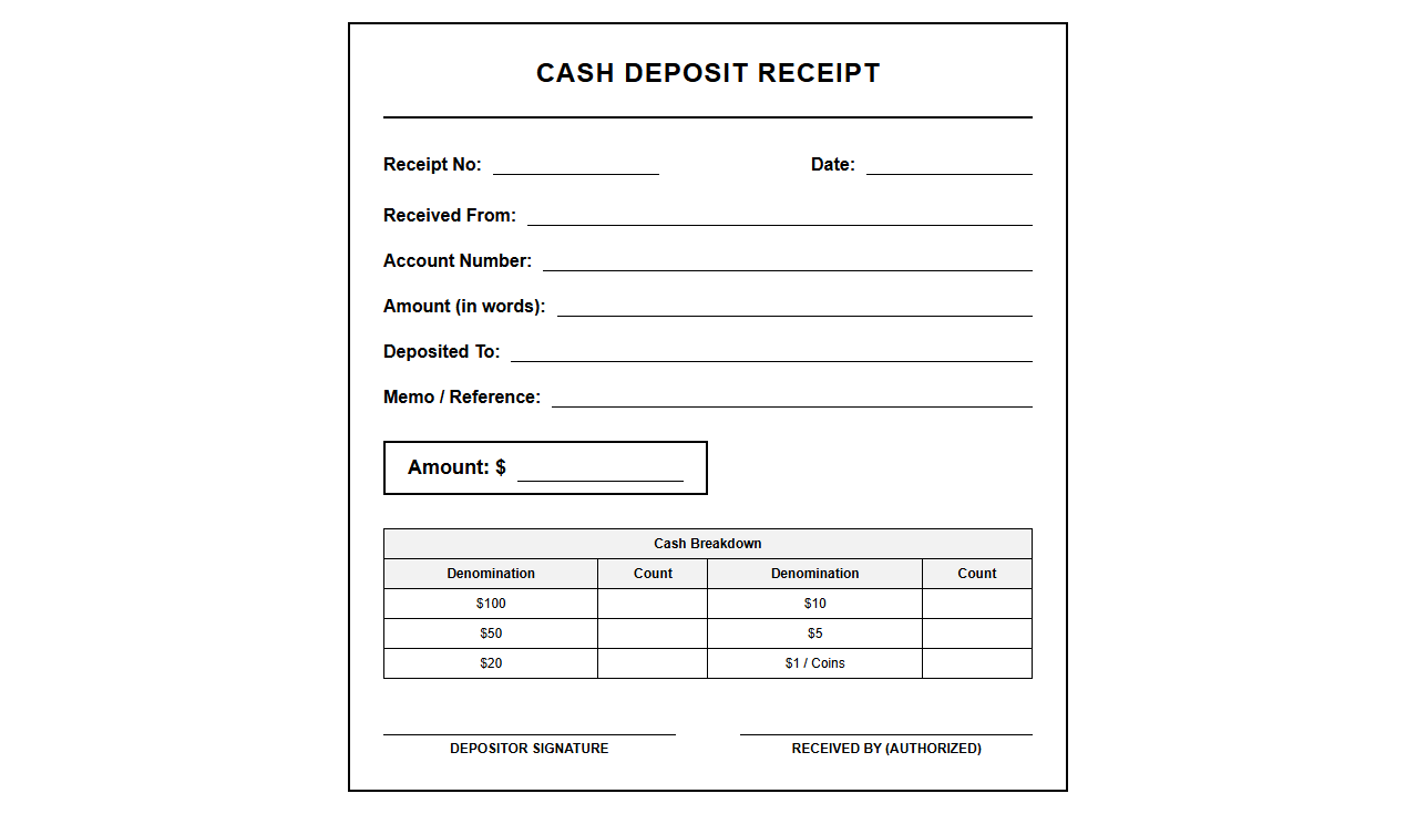 Printable Cash Deposit Receipt