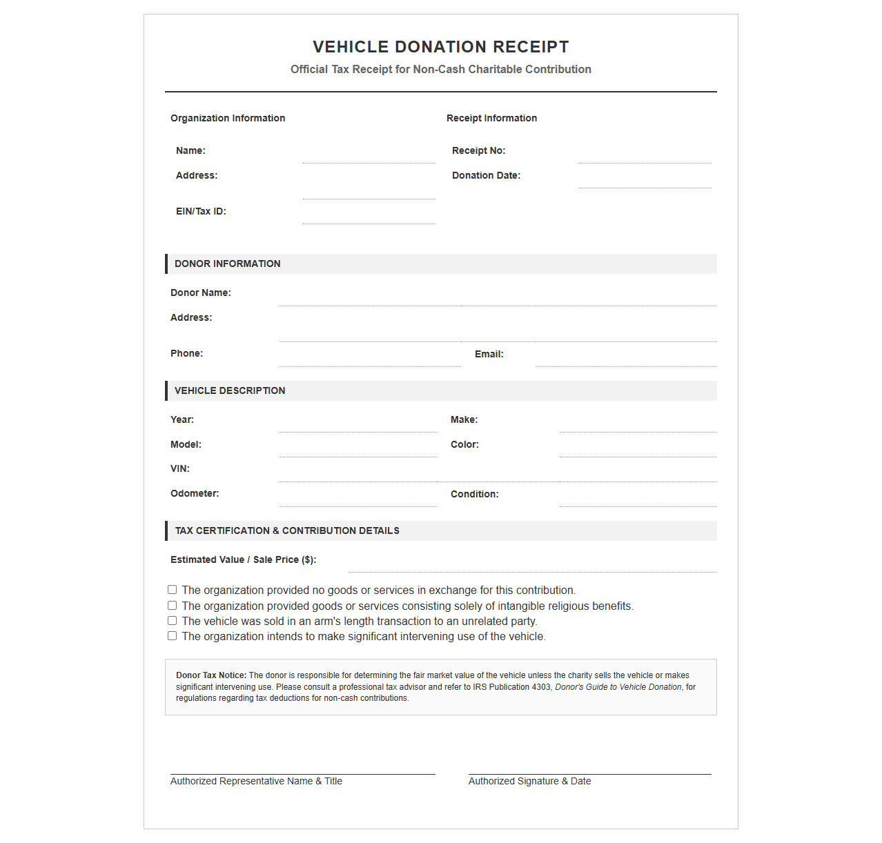 Printable Vehicle Donation Tax Receipt