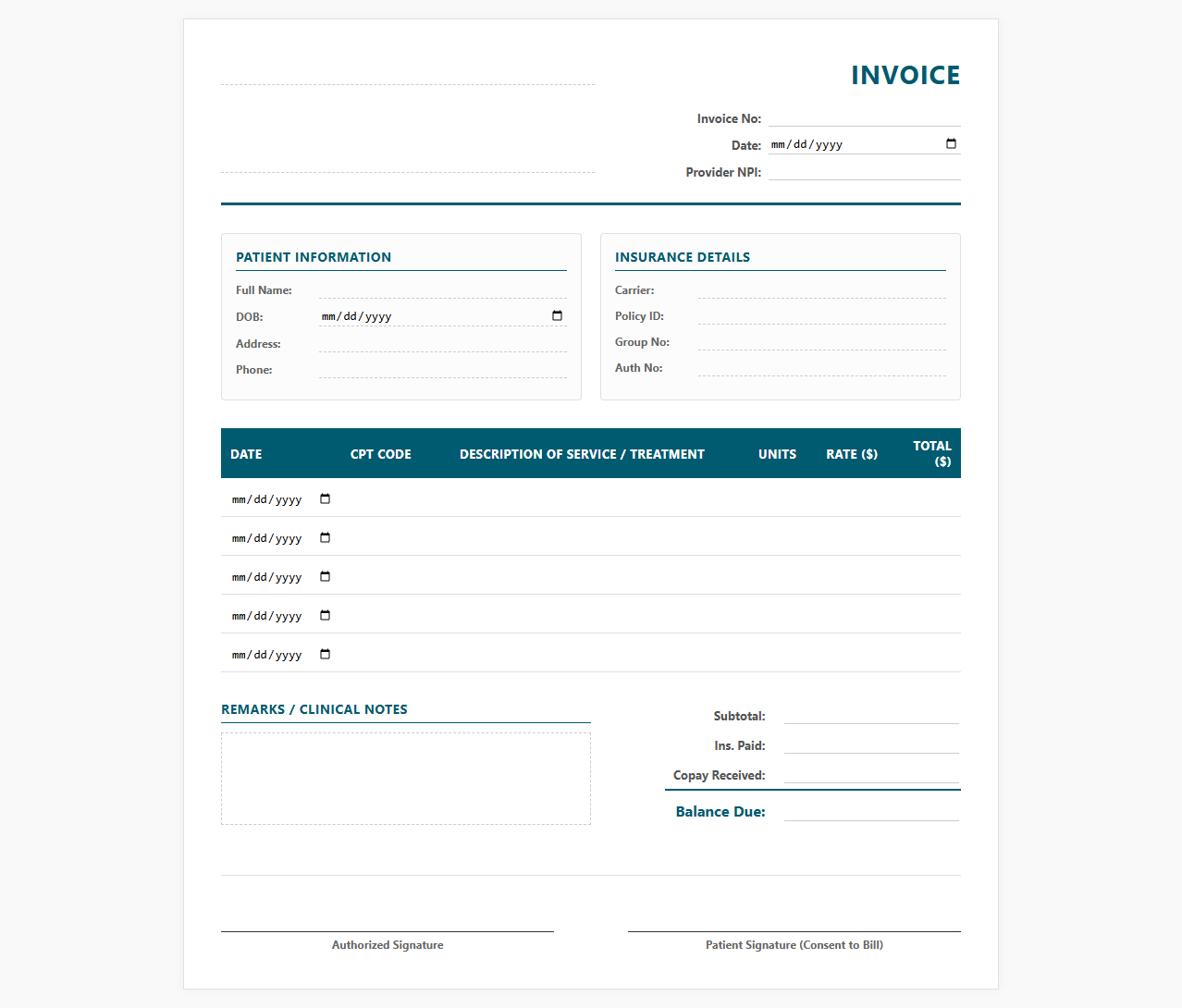 Professional Chiropractic Treatment Invoice Form