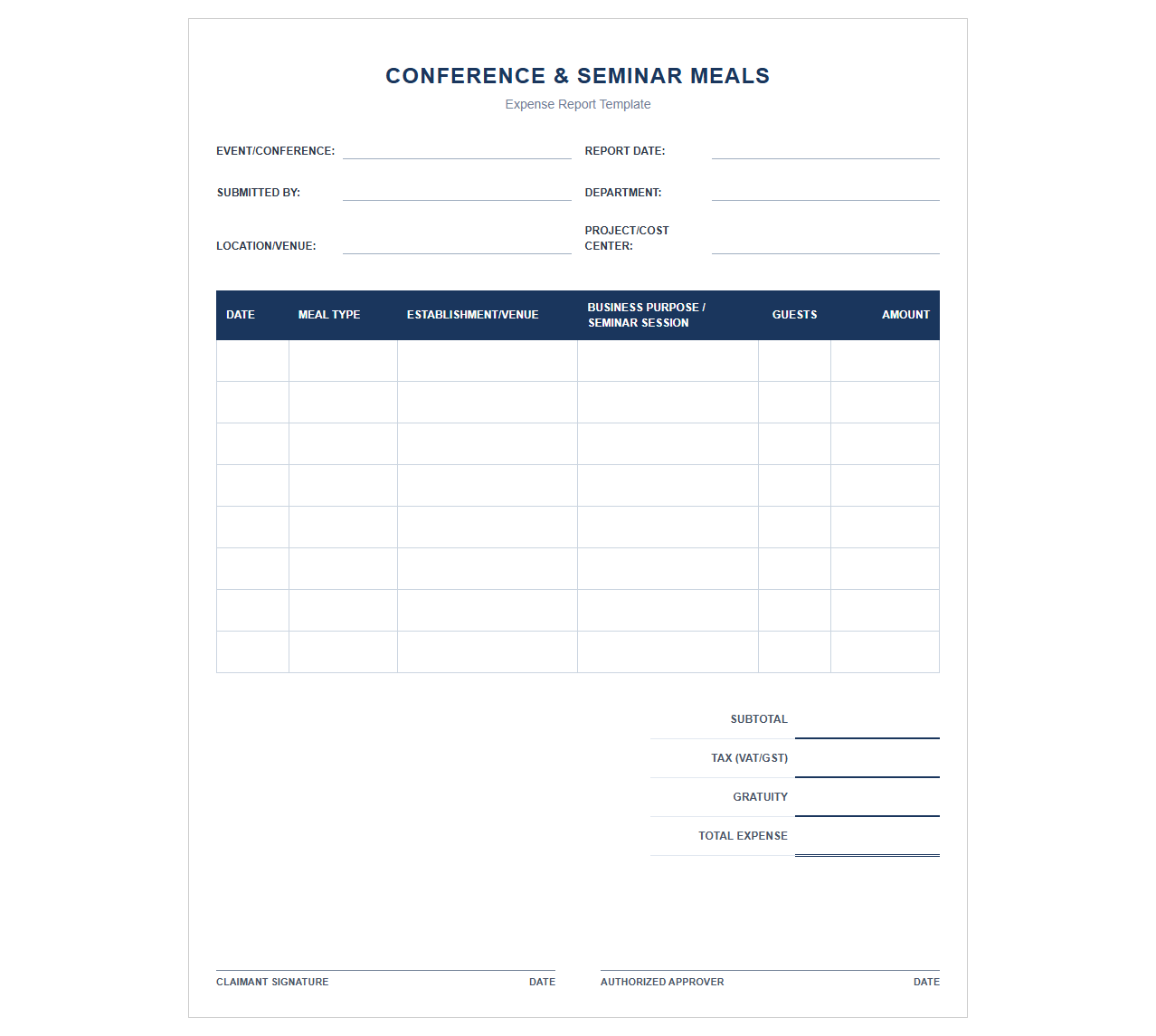 Professional Event Dining Expense Template
