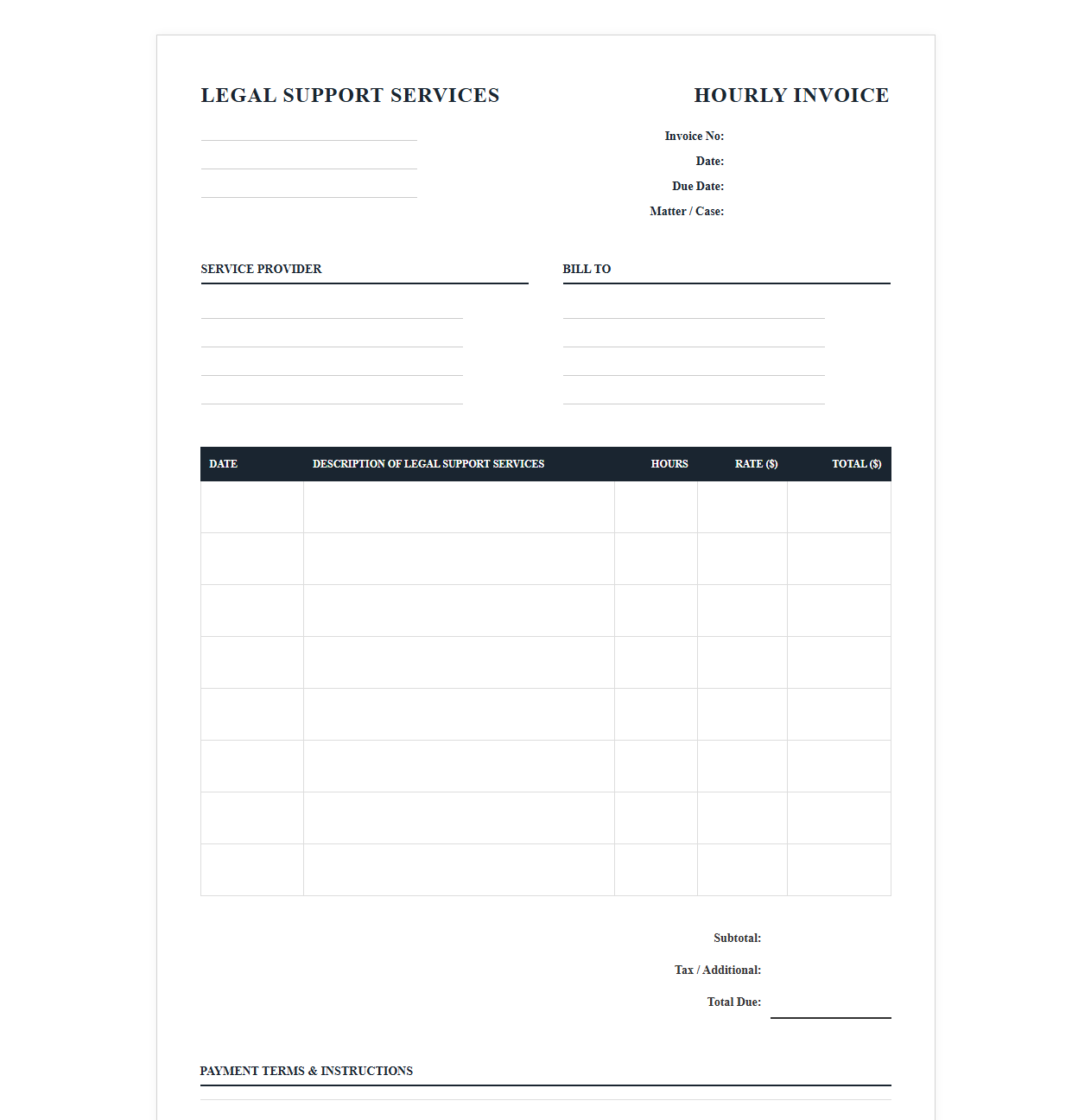 Professional Legal Support Hourly Invoice