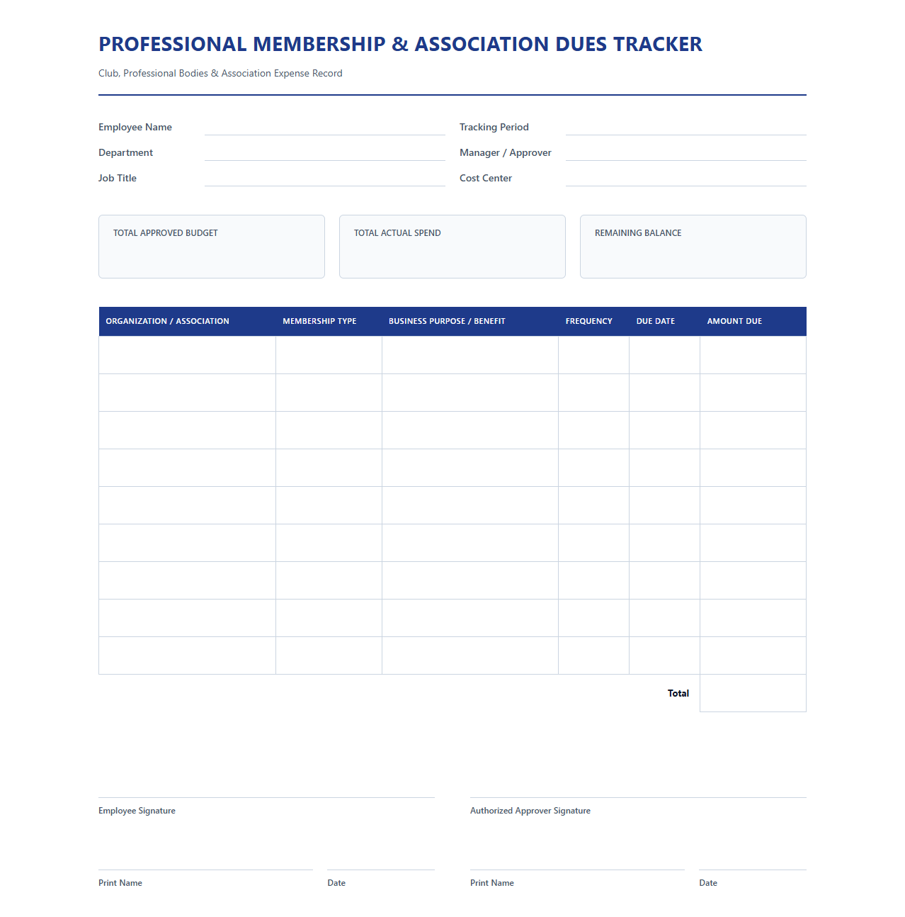 Professional Membership and Association Dues Tracker