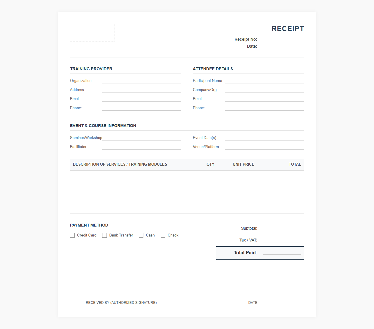 Professional Seminar and Workshop Receipt