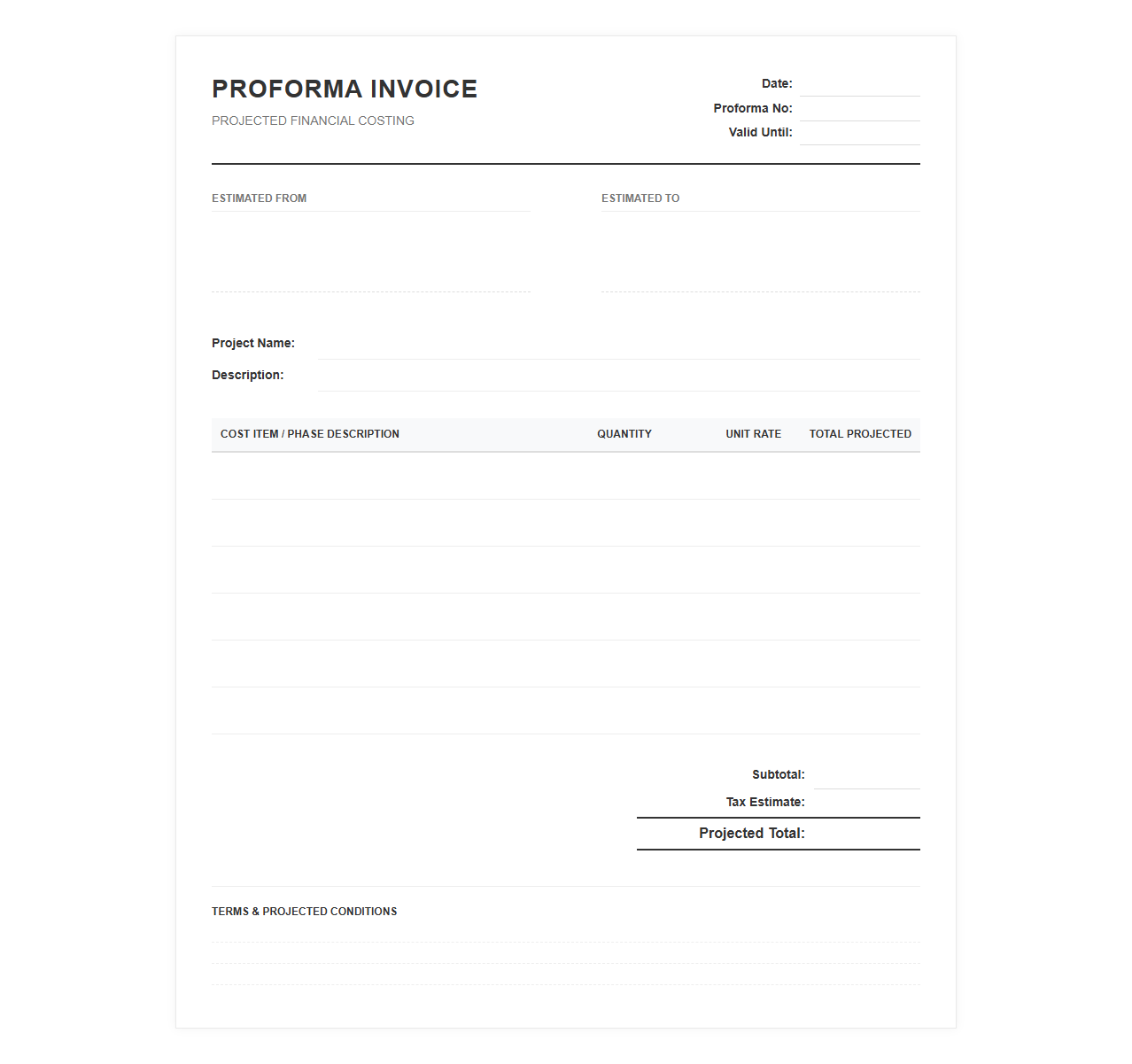 Proforma Invoice for Projected Financial Costing