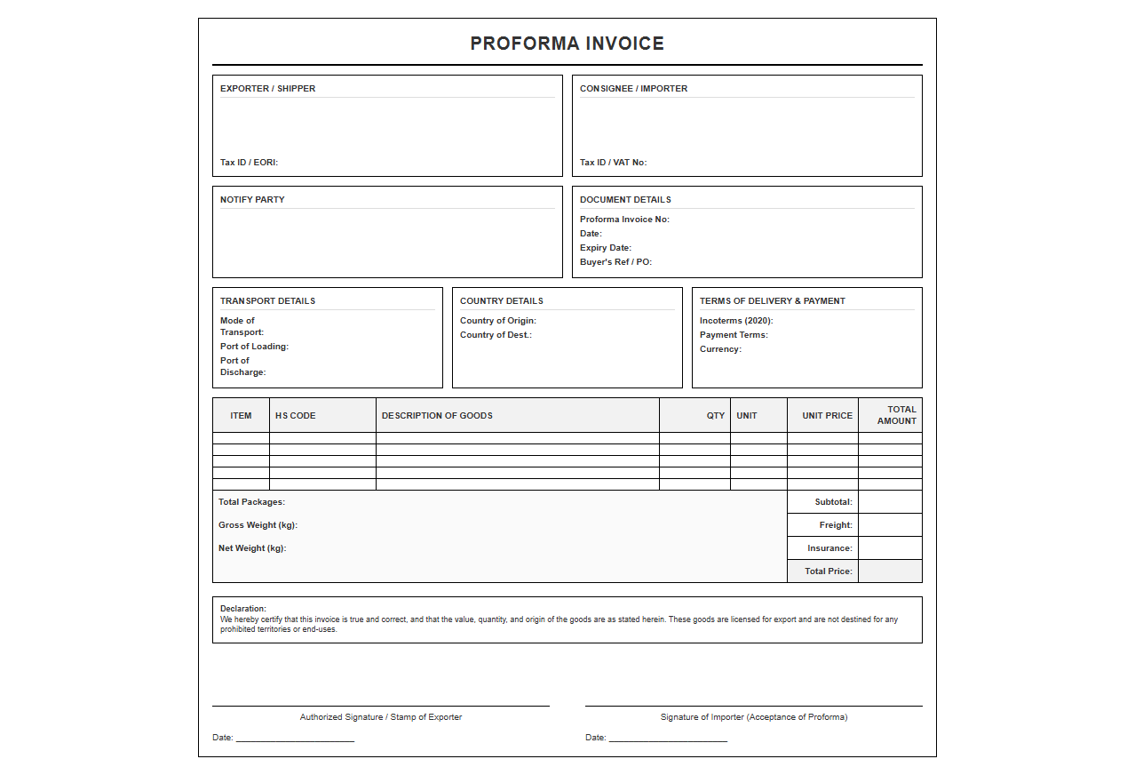 Proforma Invoice Template for Export Customs