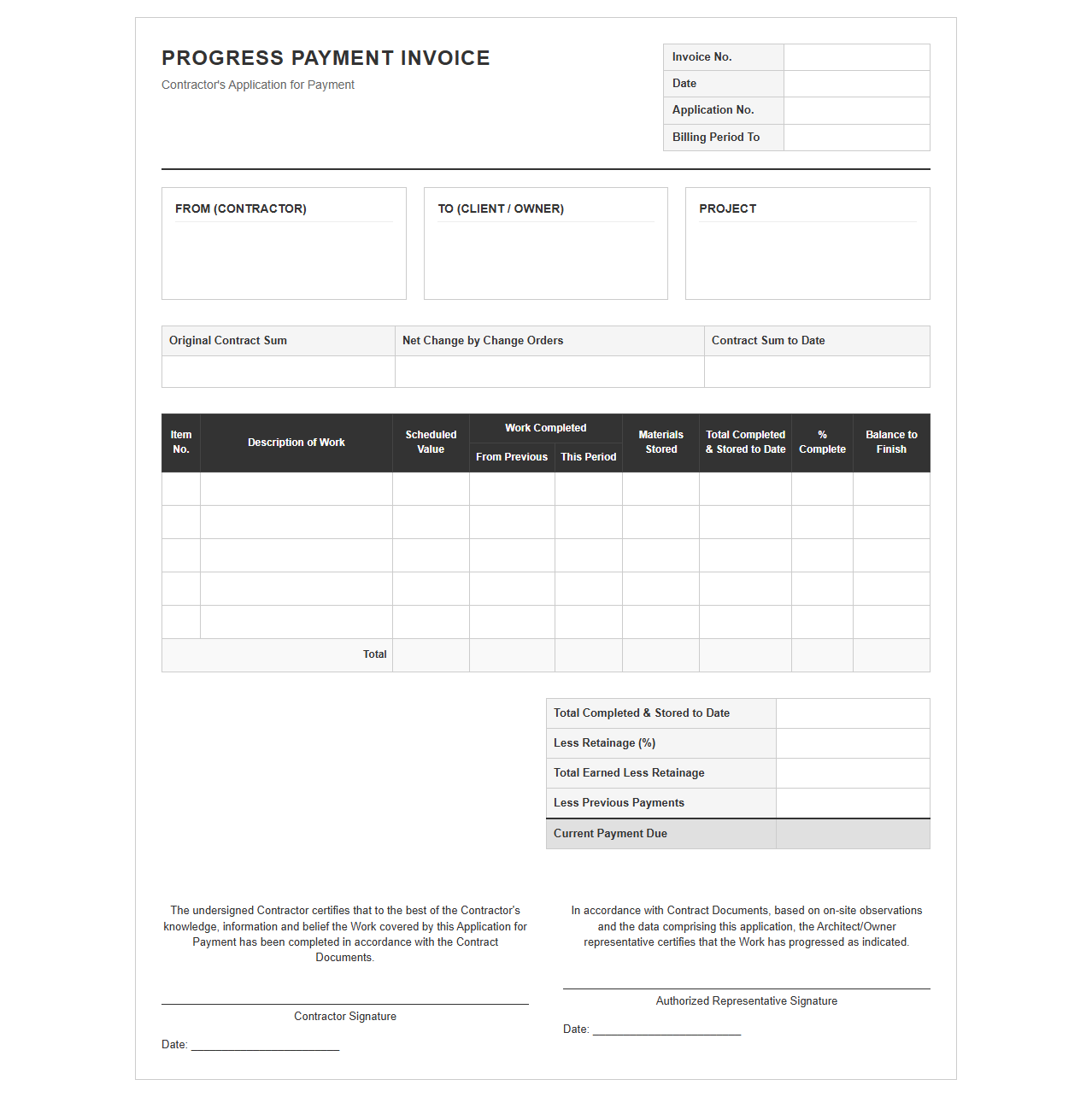 Progress Payment Invoice Template for Contractors
