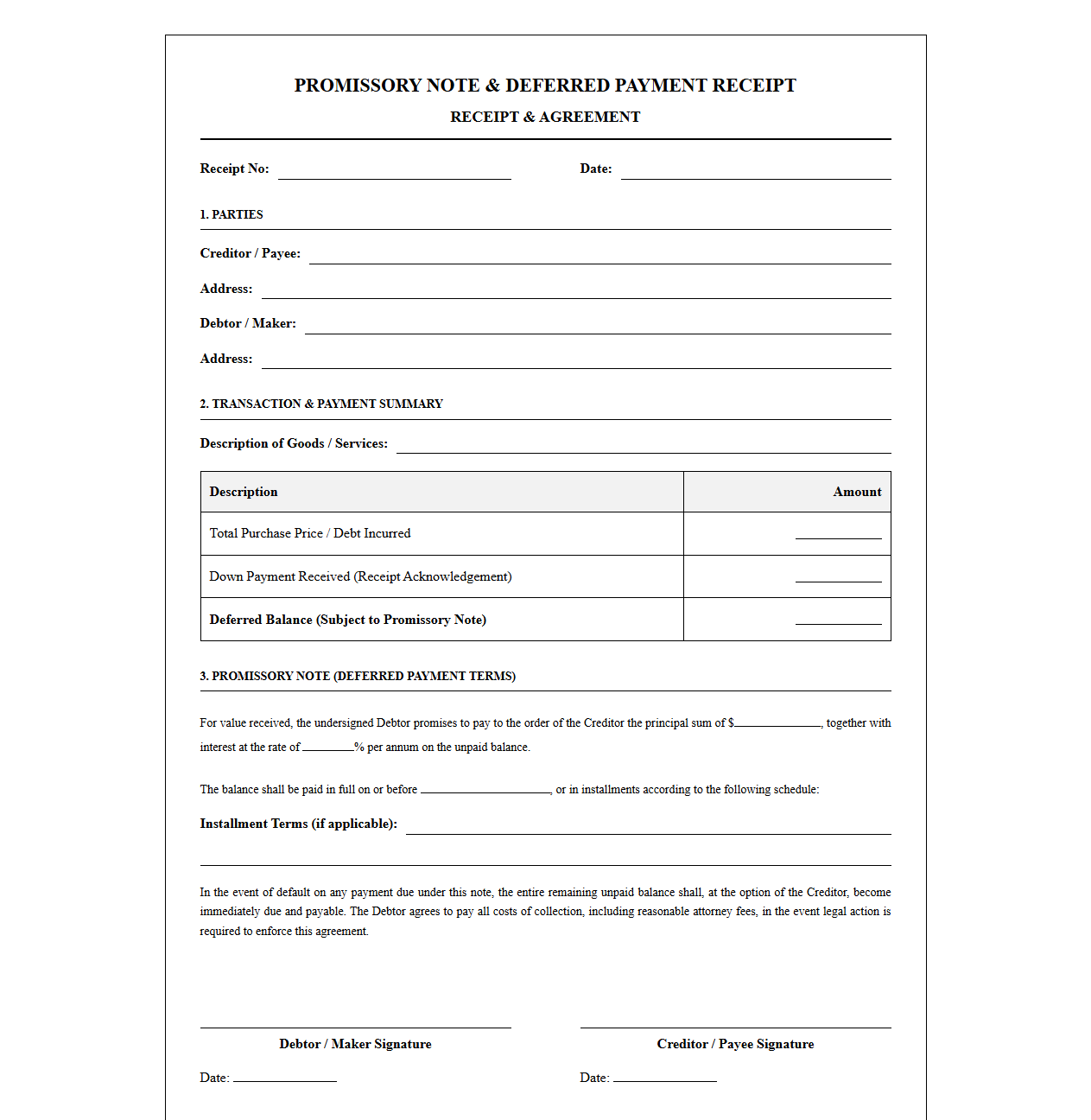 Promissory Note and Deferred Payment Receipt