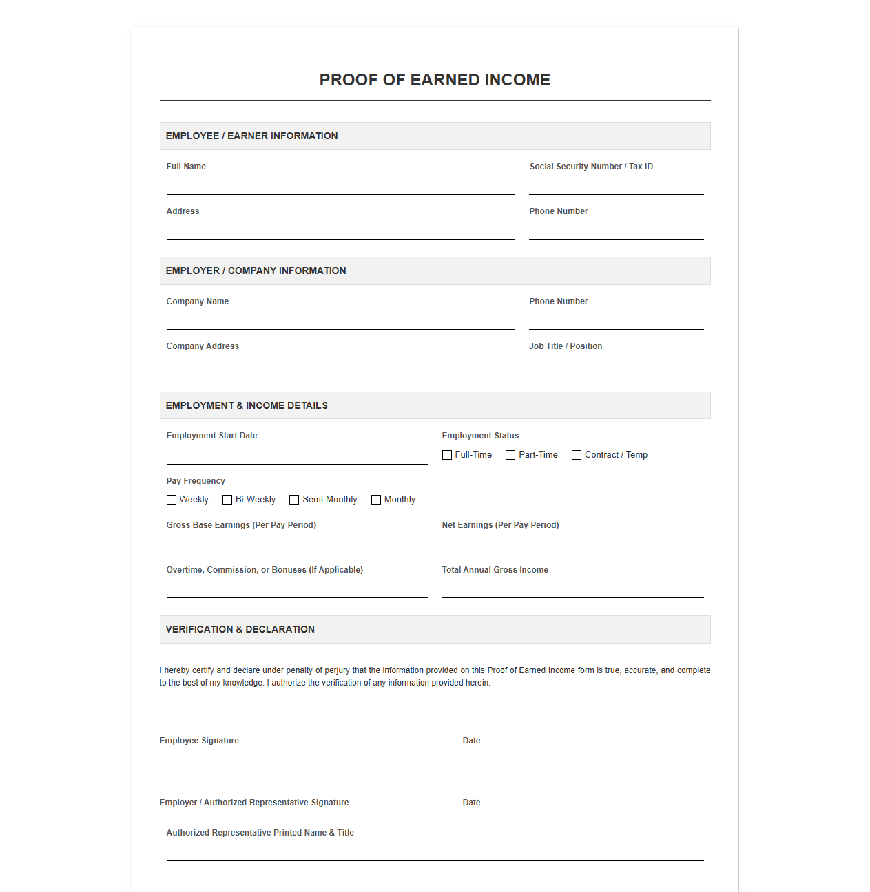 Proof of Earned Income Form