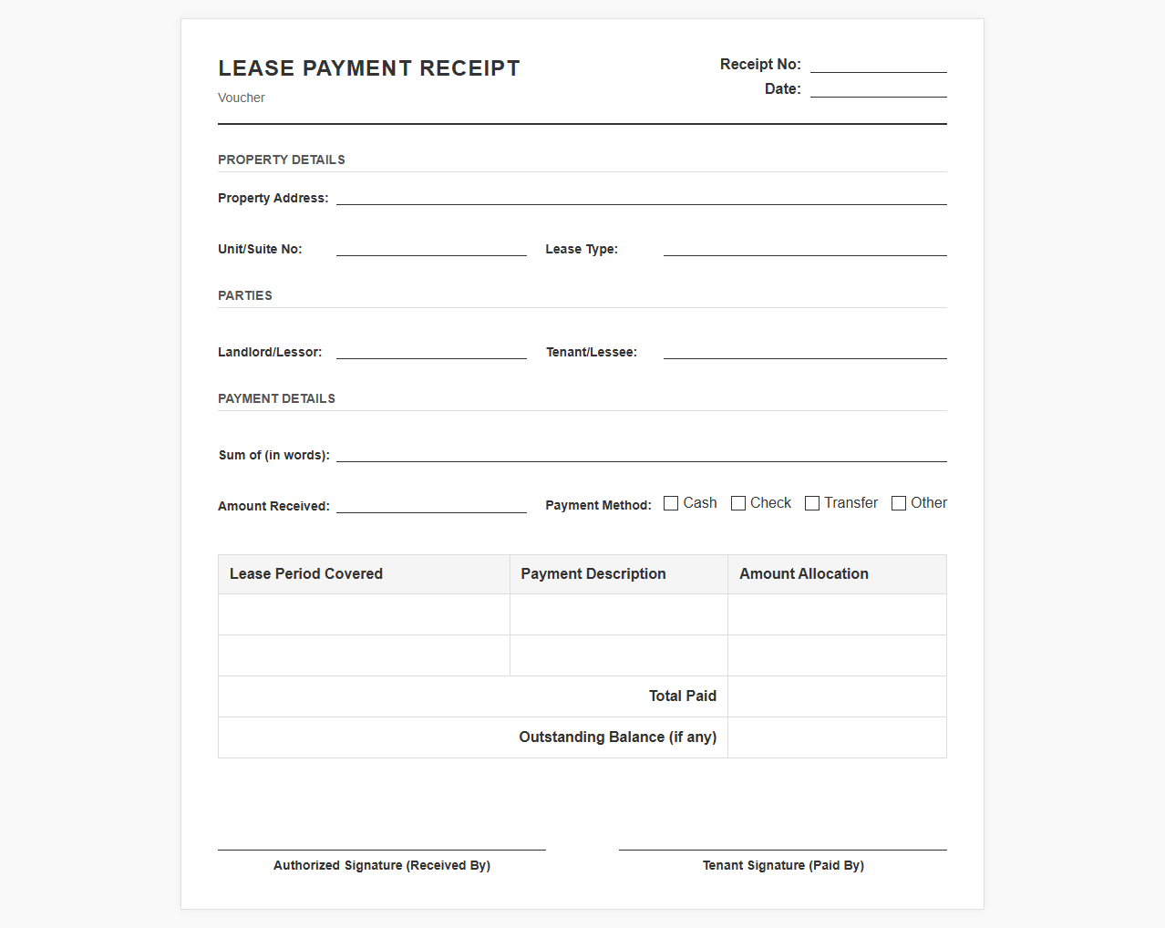 Property Lease Payment Receipt Voucher