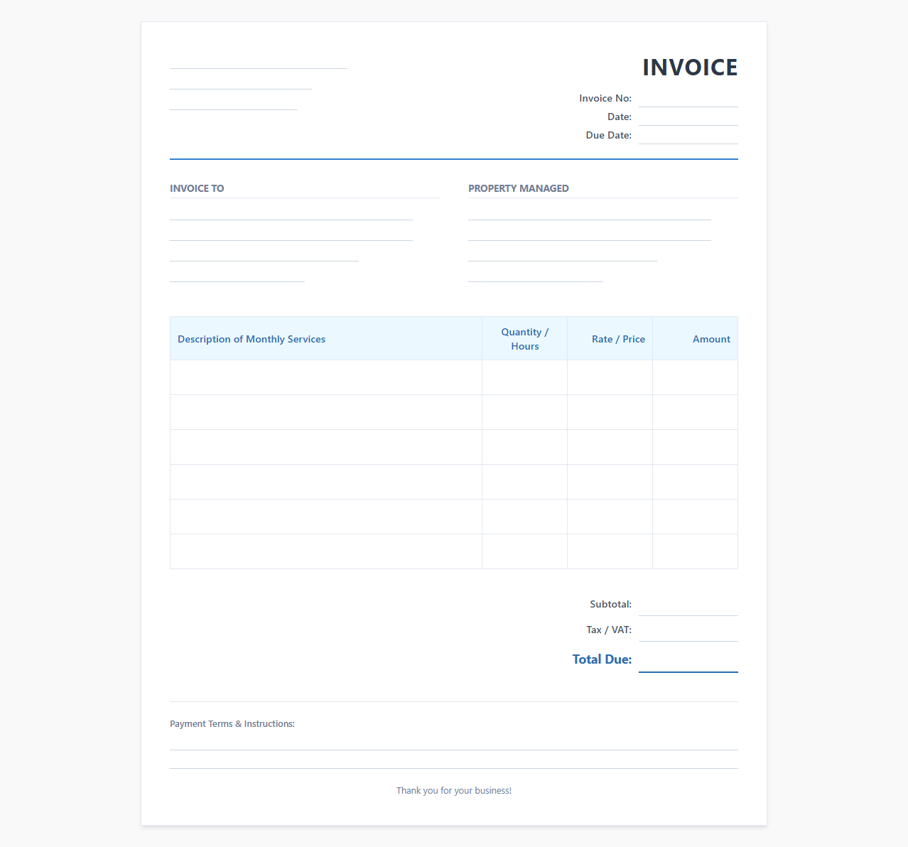 Property Management Monthly Services Invoice Template