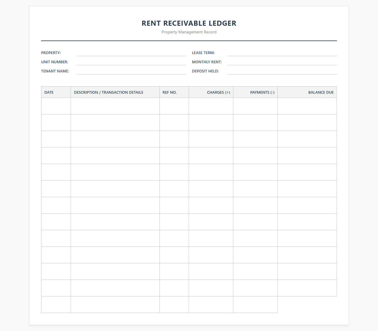 Property Management Rent Receivable Log