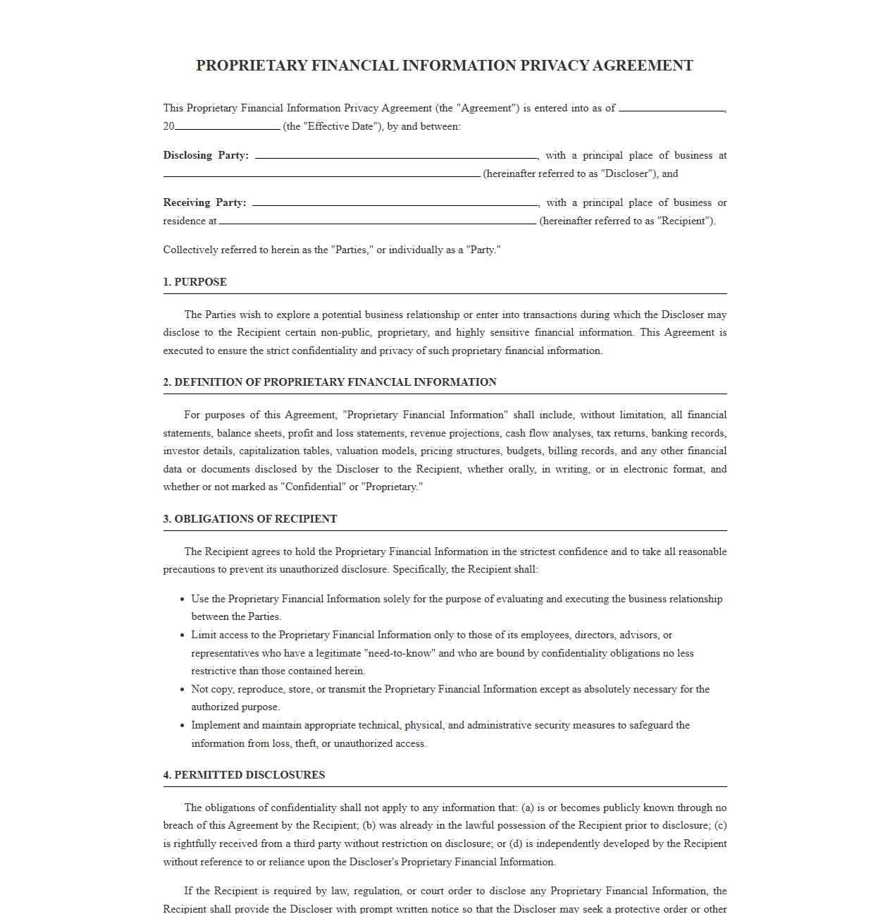Proprietary Financial Information Privacy Agreement