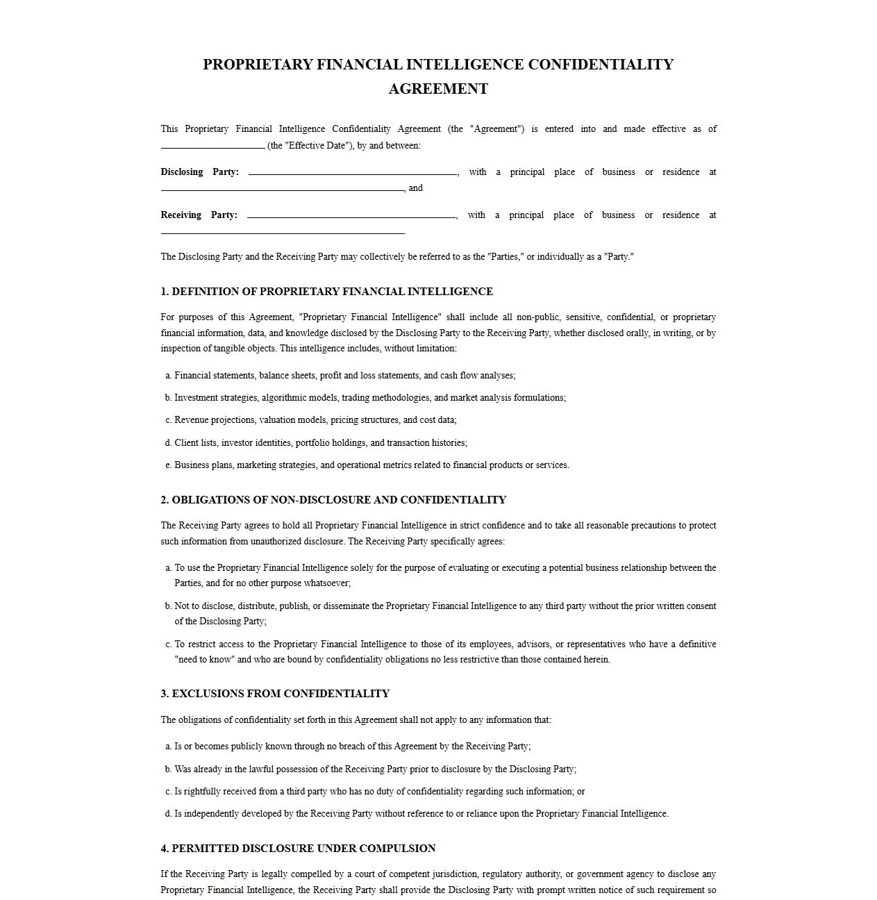 Proprietary Financial Intelligence Confidentiality Agreement