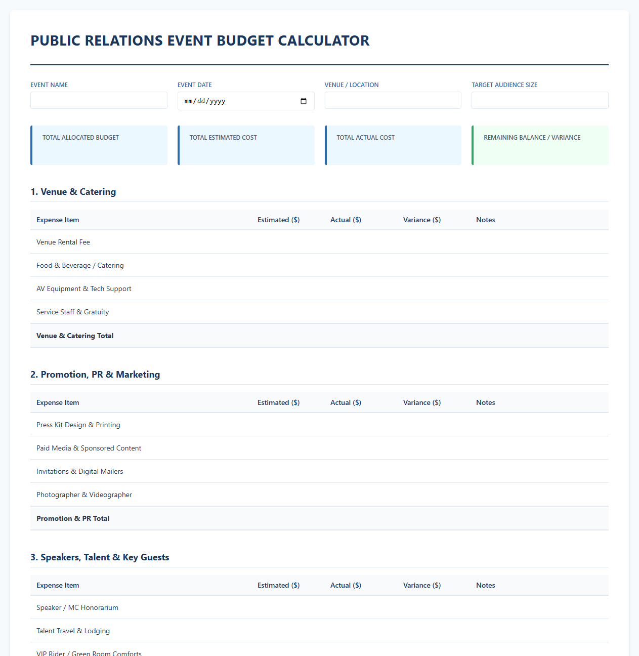 Public Relations Event Budget Calculator