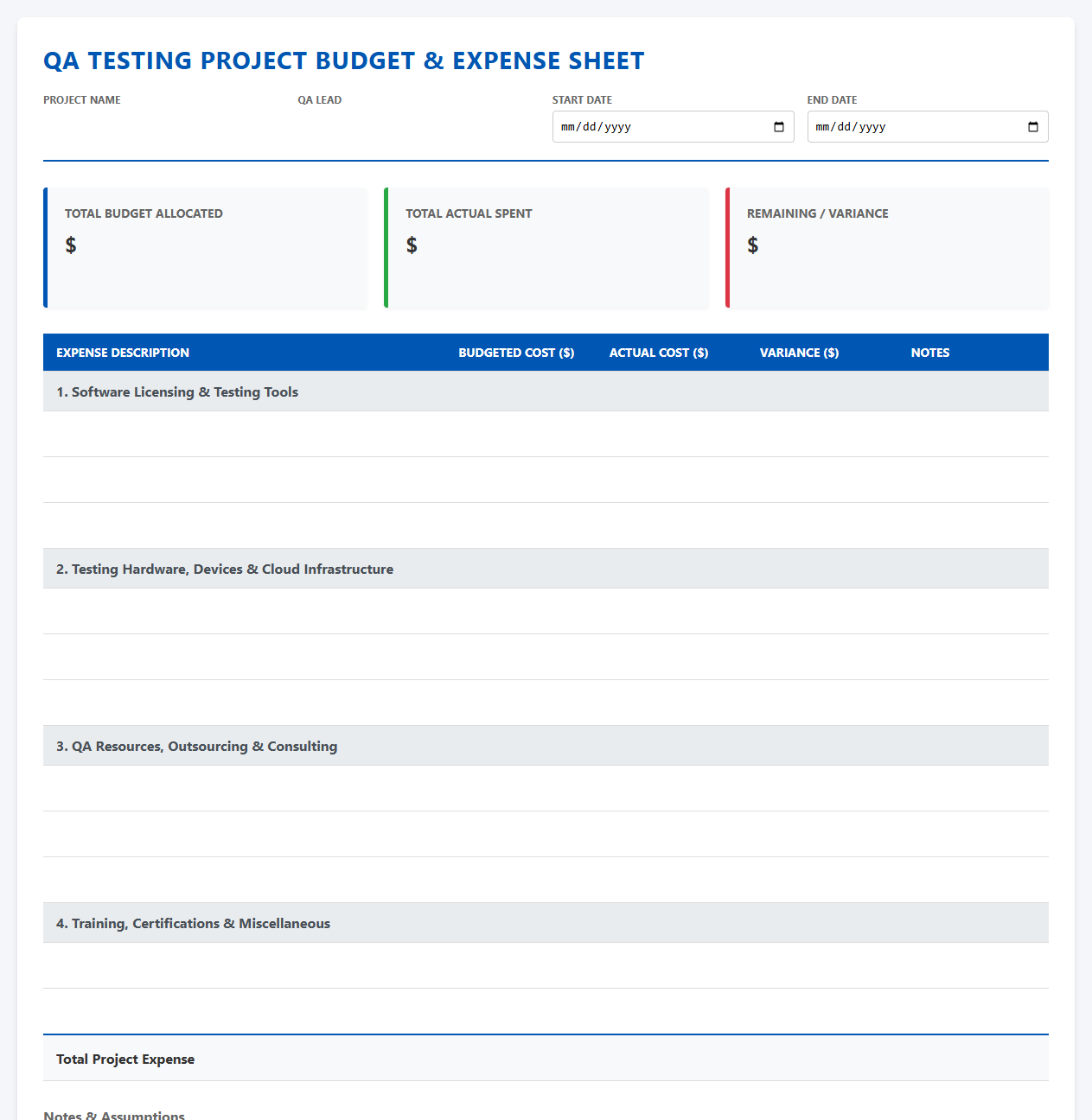 QA Testing Project Budget and Expense Sheet