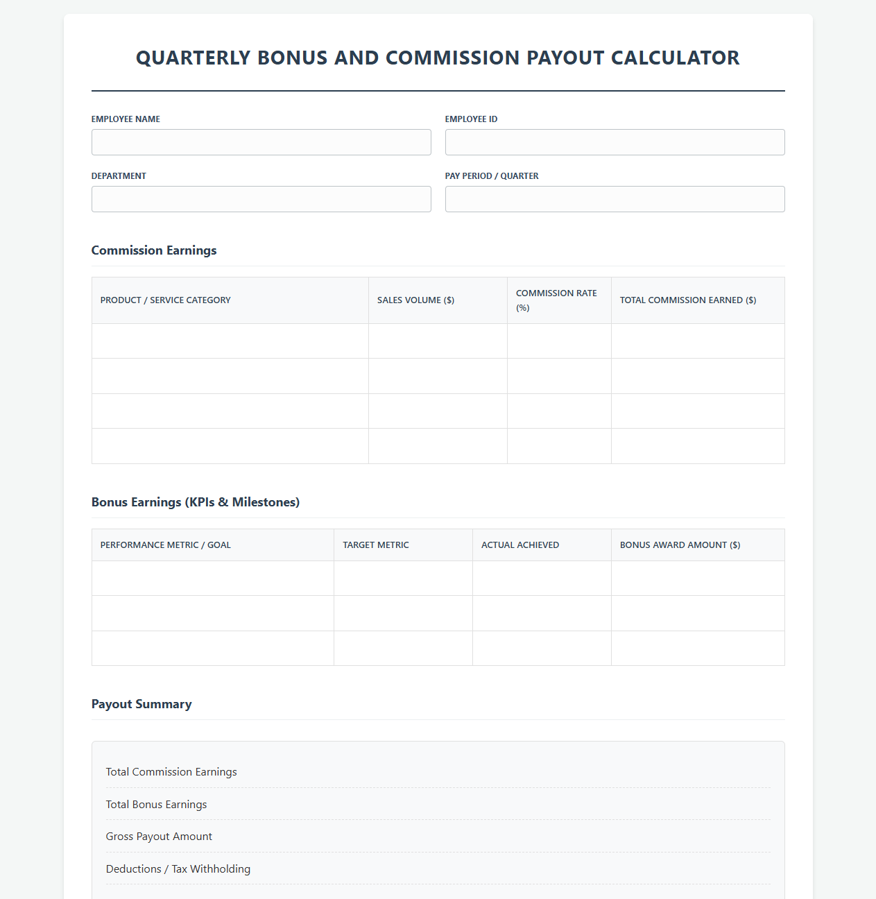 Quarterly Bonus and Commission Payout Calculator