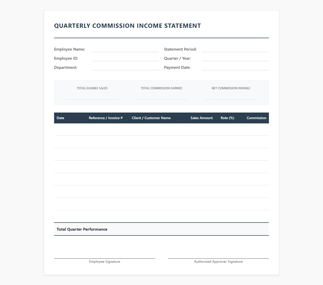 Quarterly Commission Income Statement Template