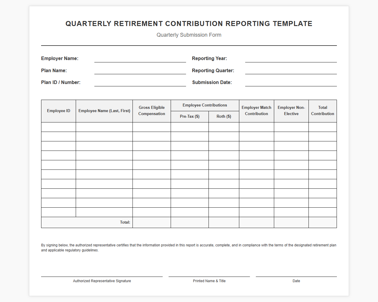 Quarterly Retirement Contribution Reporting Template