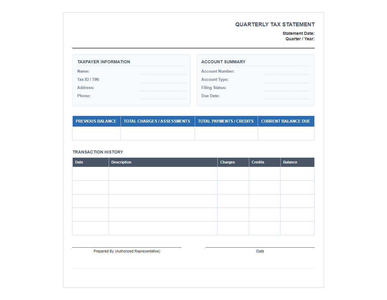 Quarterly Tax Account Statement Template