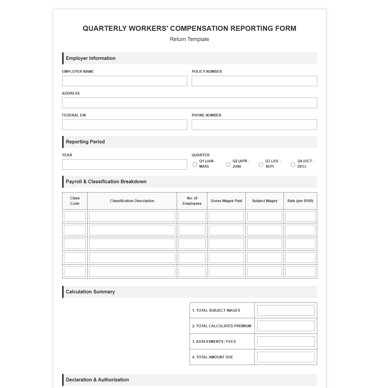 Quarterly Workers Compensation Reporting Form