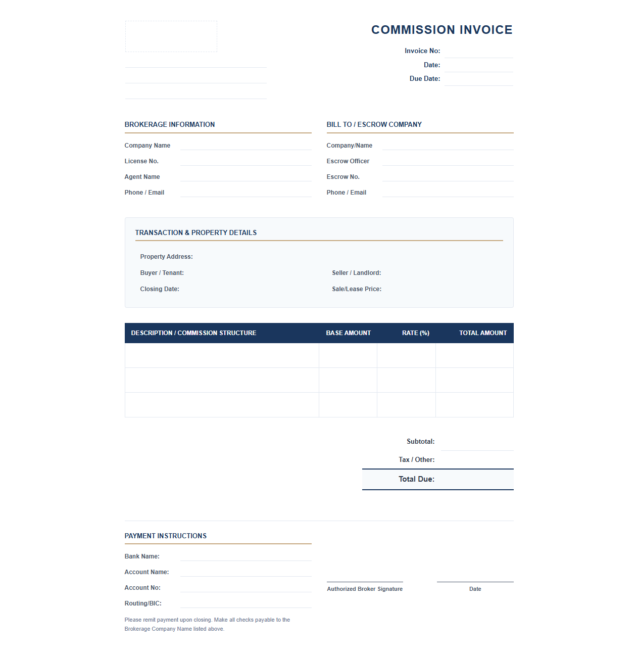 Real Estate Brokerage Commission Invoice Template