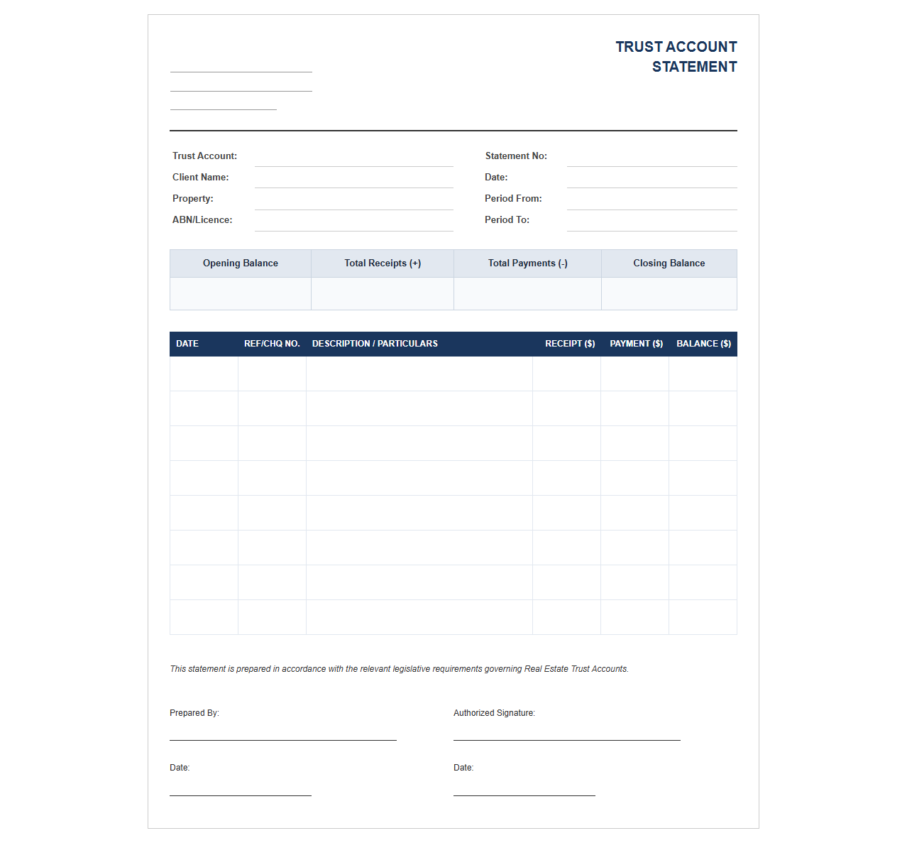 Real Estate Trust Account Statement Template