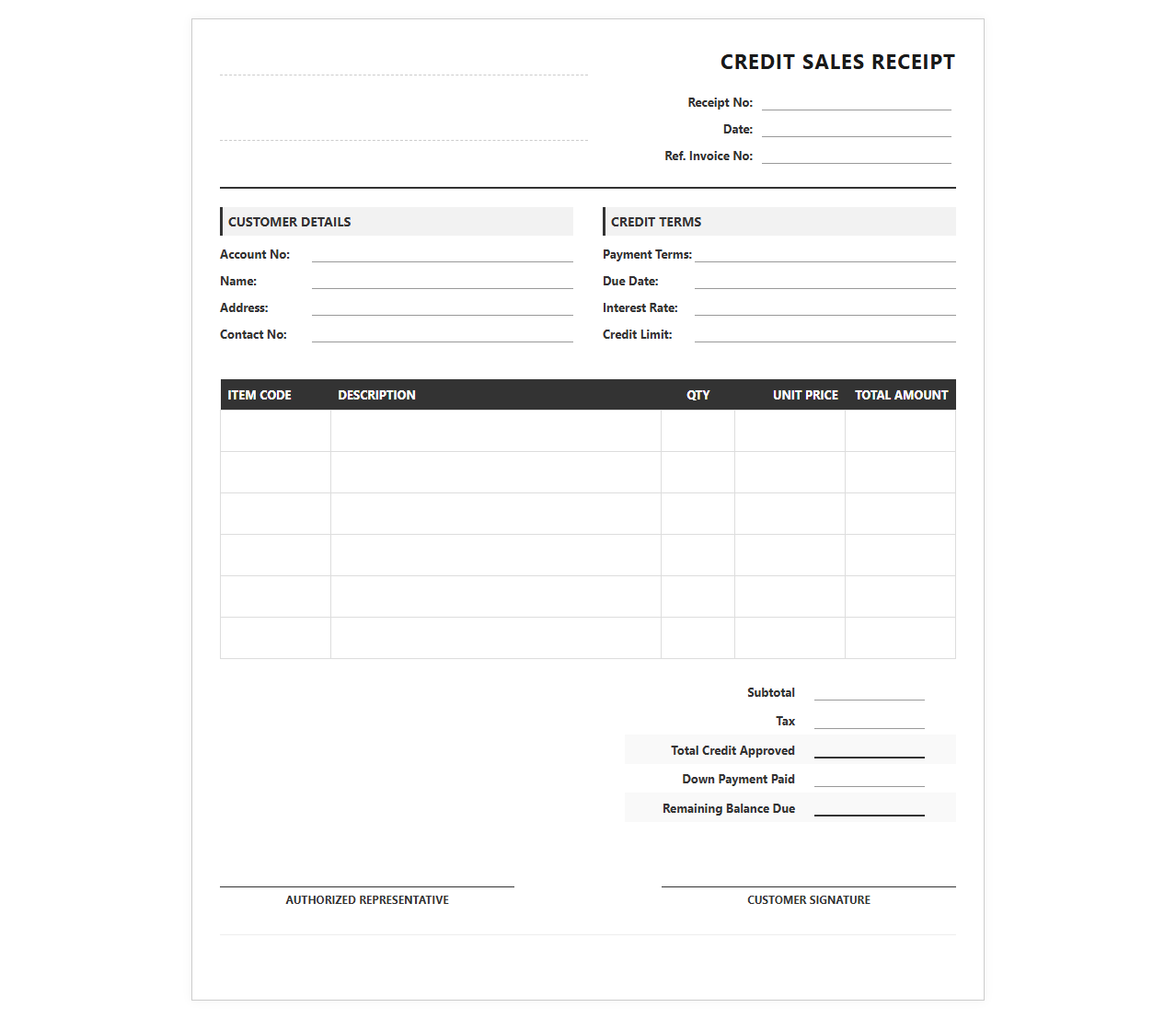 Receipt Template for Sales on Credit