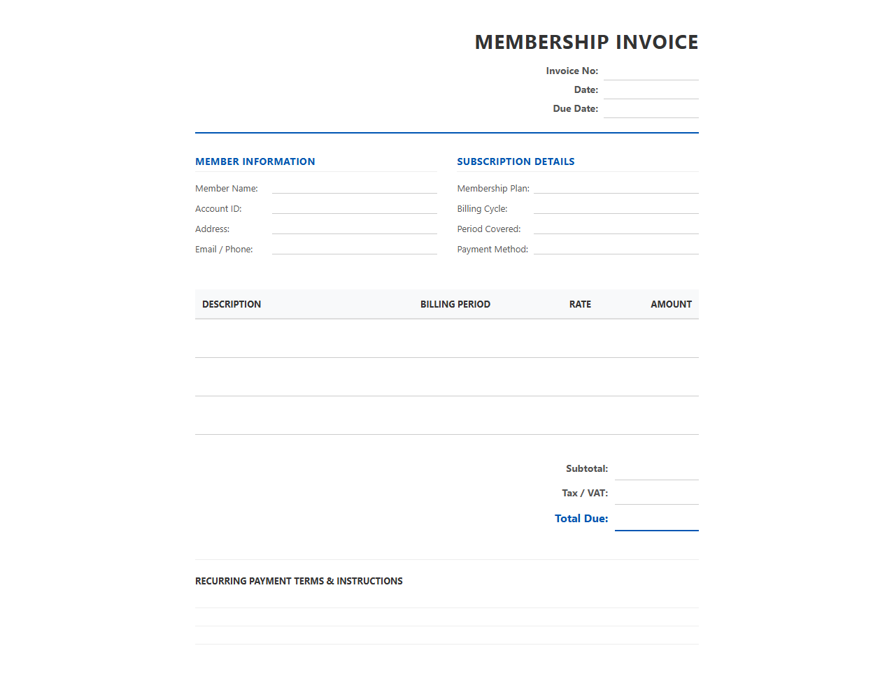 Recurring Membership Fee Invoice Template