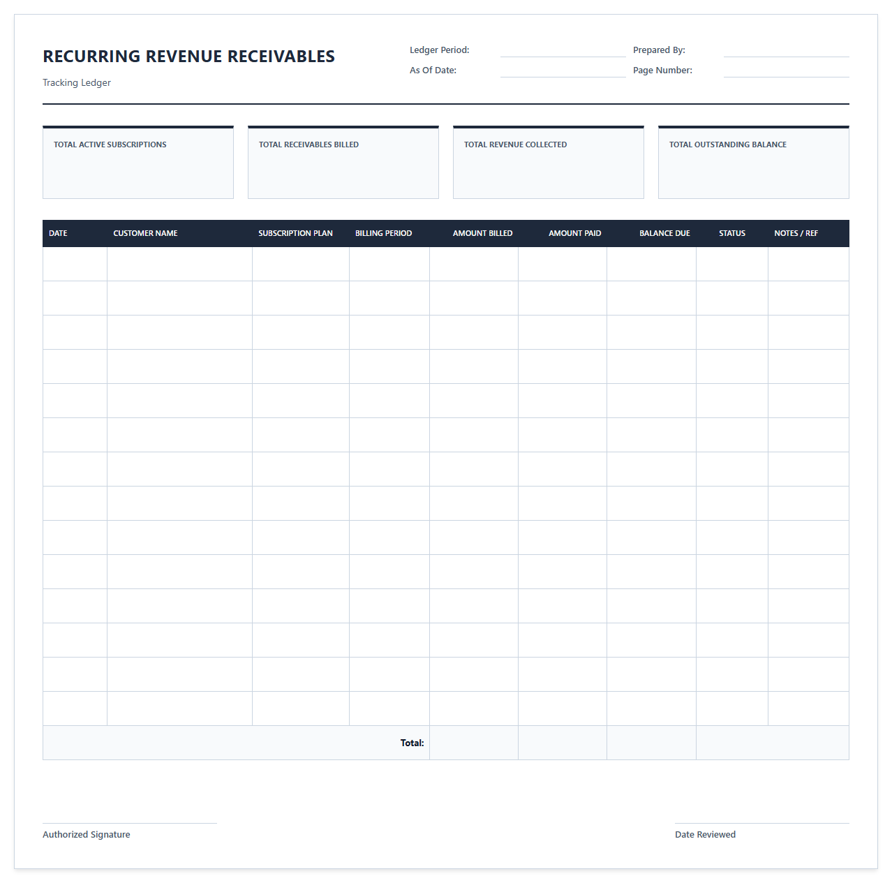 Recurring Revenue Receivables Tracking Ledger