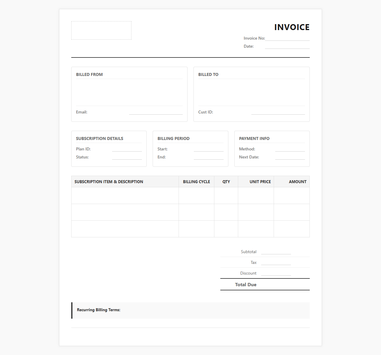 Recurring Subscription Billing Invoice
