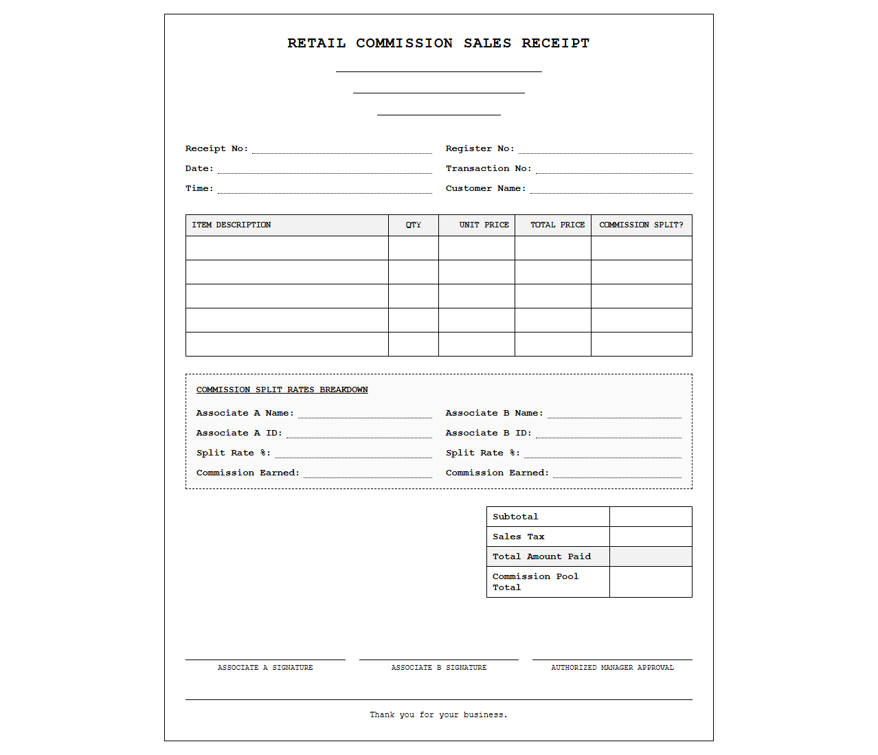Retail Commission Sales Receipt with Split Rates