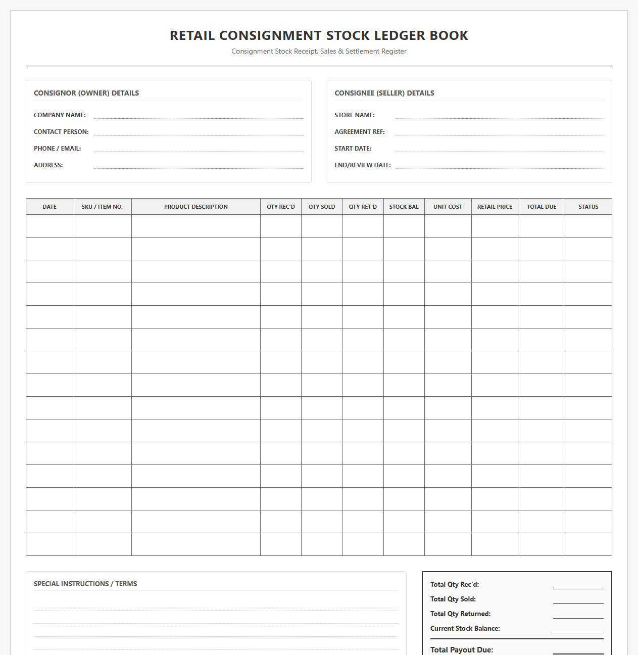 Retail Consignment Stock Ledger Book