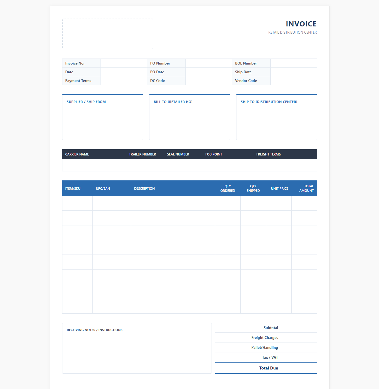 Retail Distribution Center Invoice Template