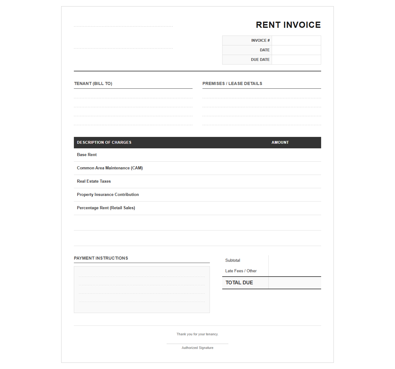 Retail Lease Monthly Rent Invoice