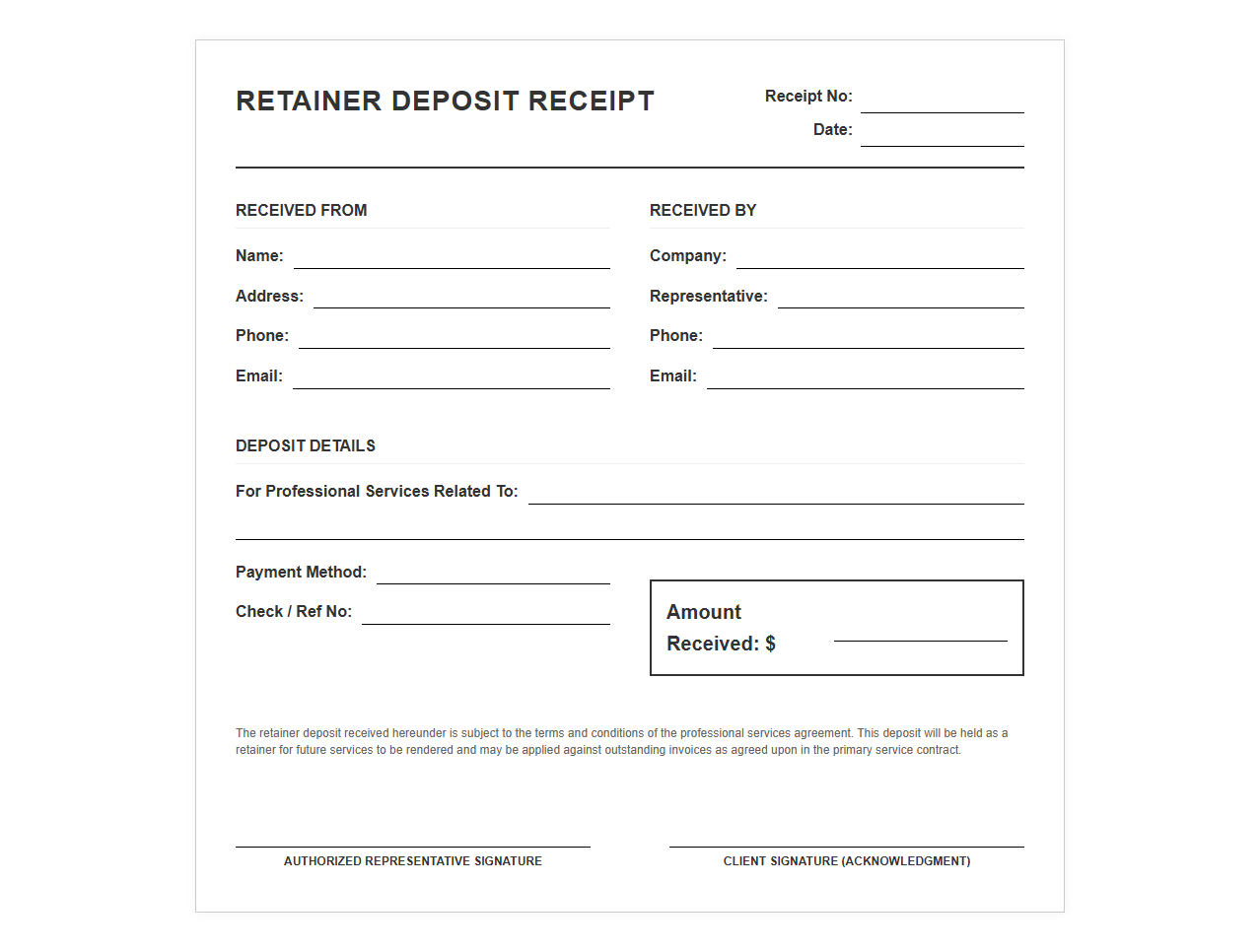 Retainer Fee Deposit Receipt Template