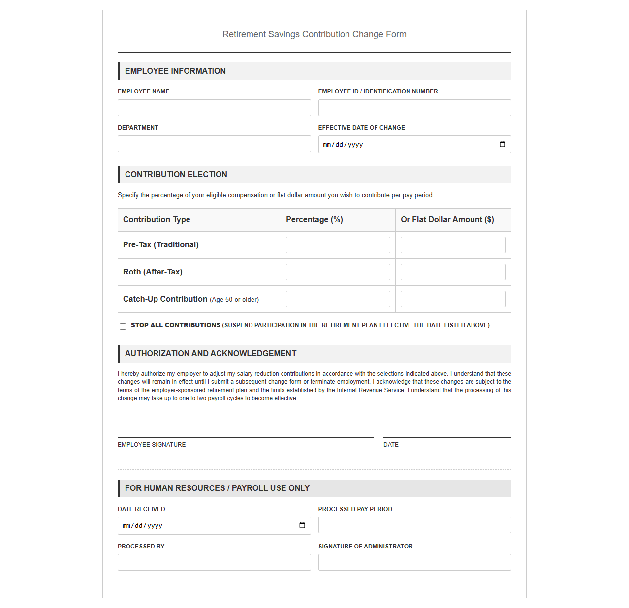 Retirement Savings Contribution Change Form