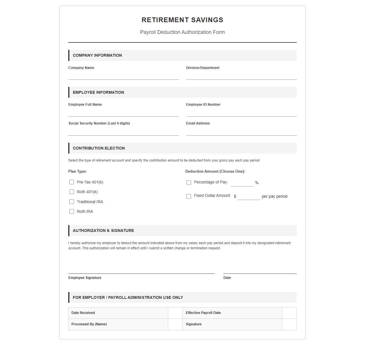 Retirement Savings Payroll Deduction Form
