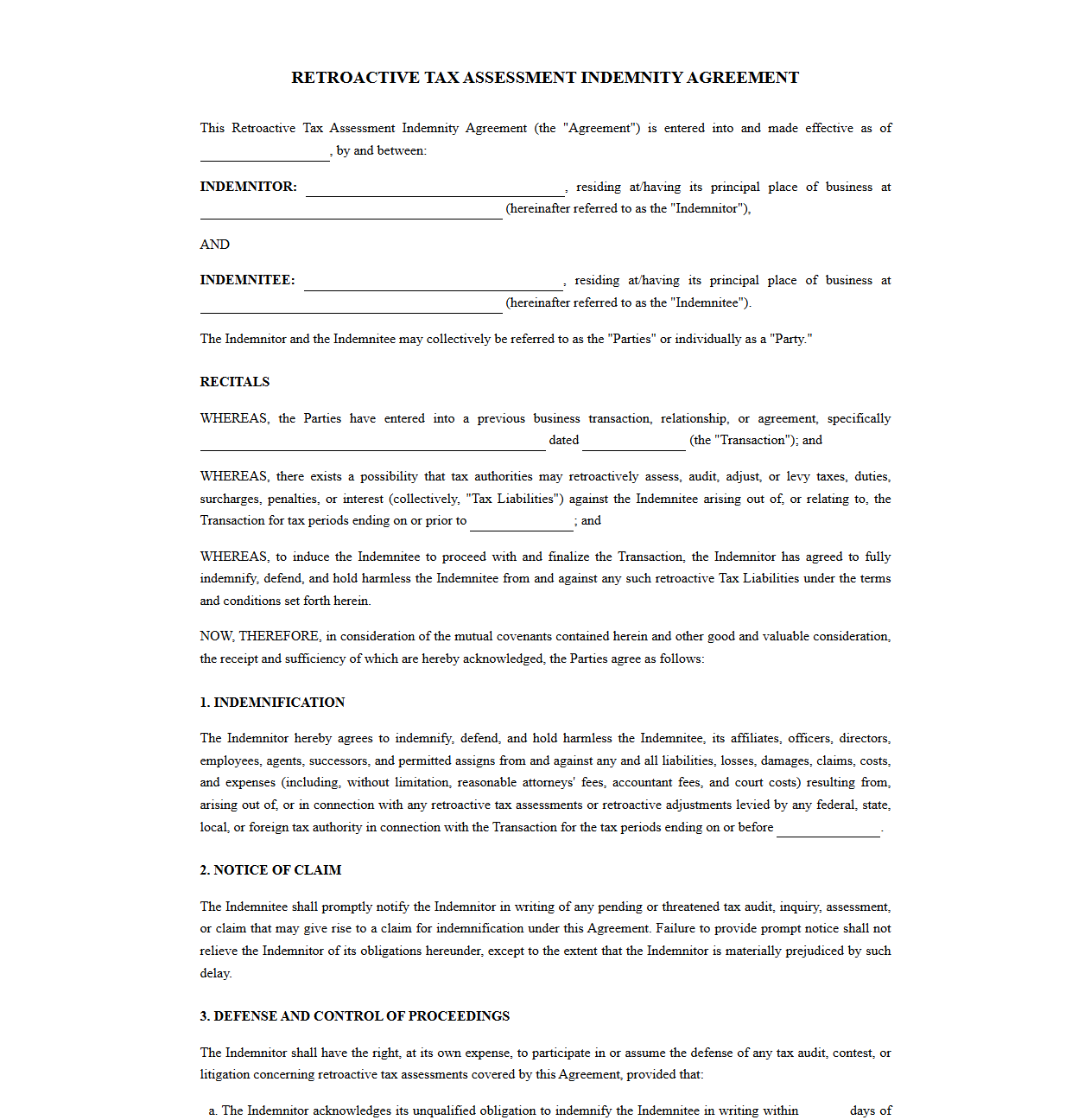 Retroactive Tax Assessment Hold Harmless Agreement