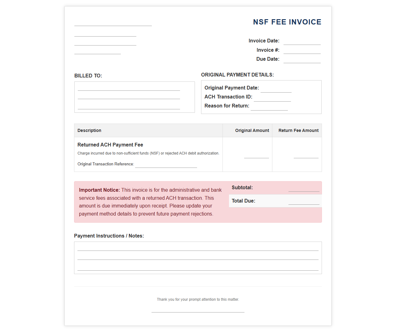 Returned ACH Payment Fee Invoice Template